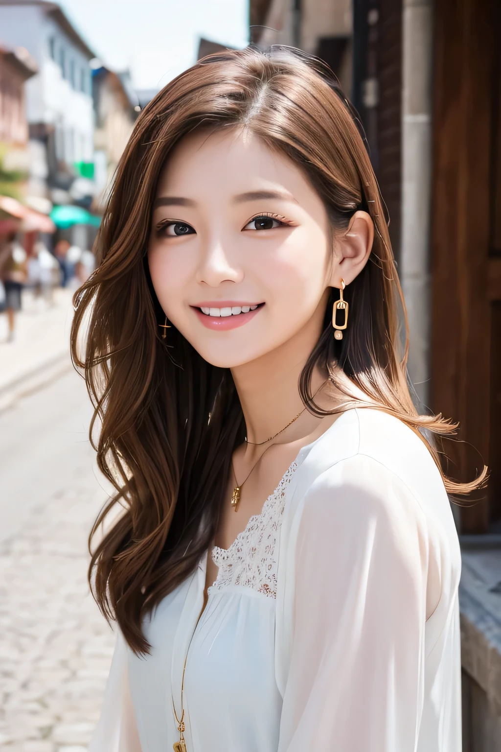 Beautiful young woman of the year、 Korean women、Light brown hair、Wavy Hair、short hair、ear piercing、Necklace around the neck、blouse、smile, Beautiful teeth alignment、Intricate details, Very detailed:1.2), 、 Looking into the camera,The background is the town