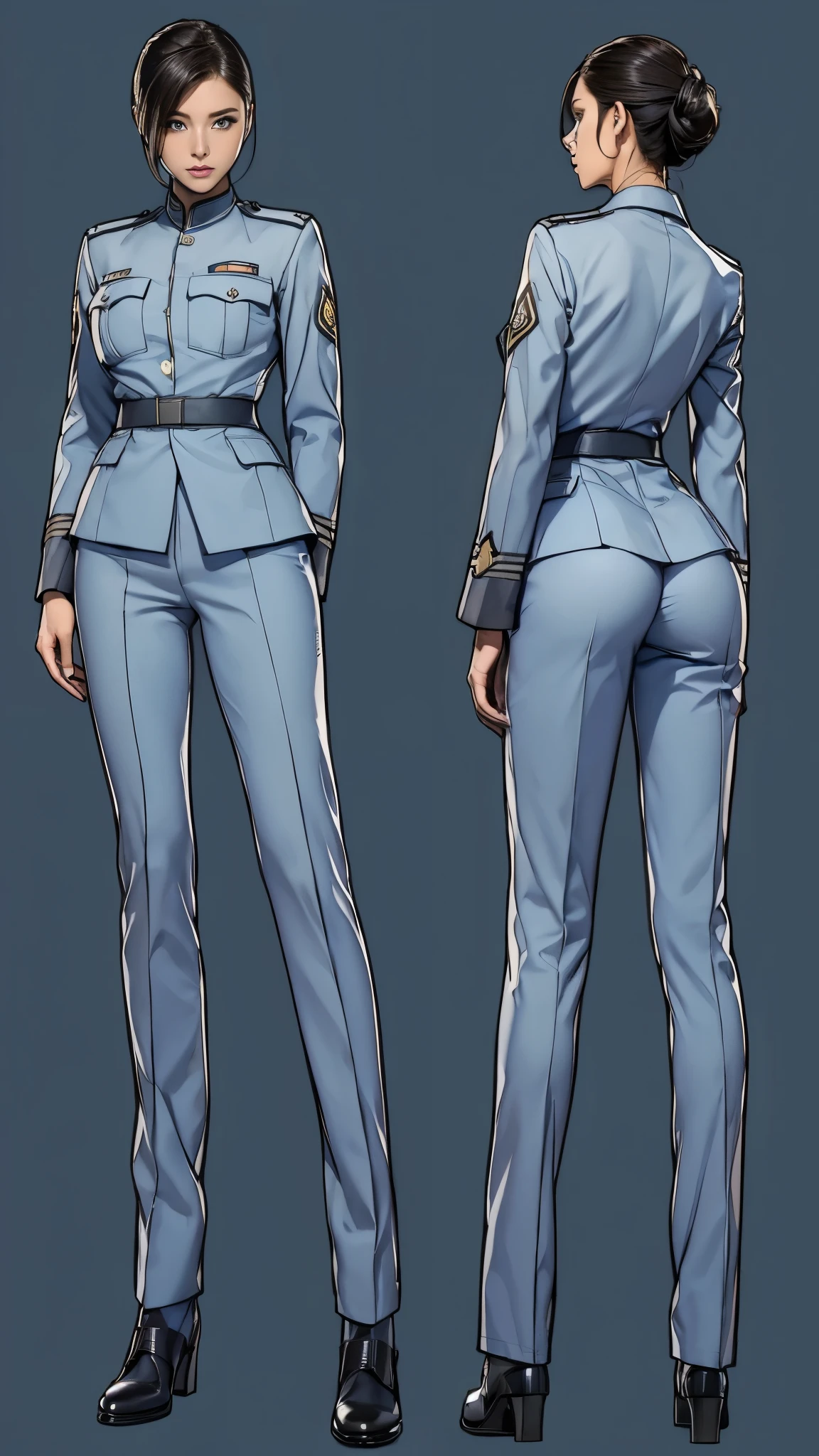 ((masterpiece)),(((highest quality))),((Reference Sheet, Character Design, front, return, ~ ~ side, Mr..々Hairstyle, Mr..々Performance, Facial Expressions)), , Cute type, (Very slim:1.4), (Very small ass:1.4), Realistic buttocks, (Big Breasts:1.3), Short Bob, Thin thighs, Long legs, It's not a big deal,(A female Earth Federation officer is walking), (Wearing Earth Federation military uniform, Light grey and light blue military uniform),(Worn by federal government employees'White Hat:1.5)