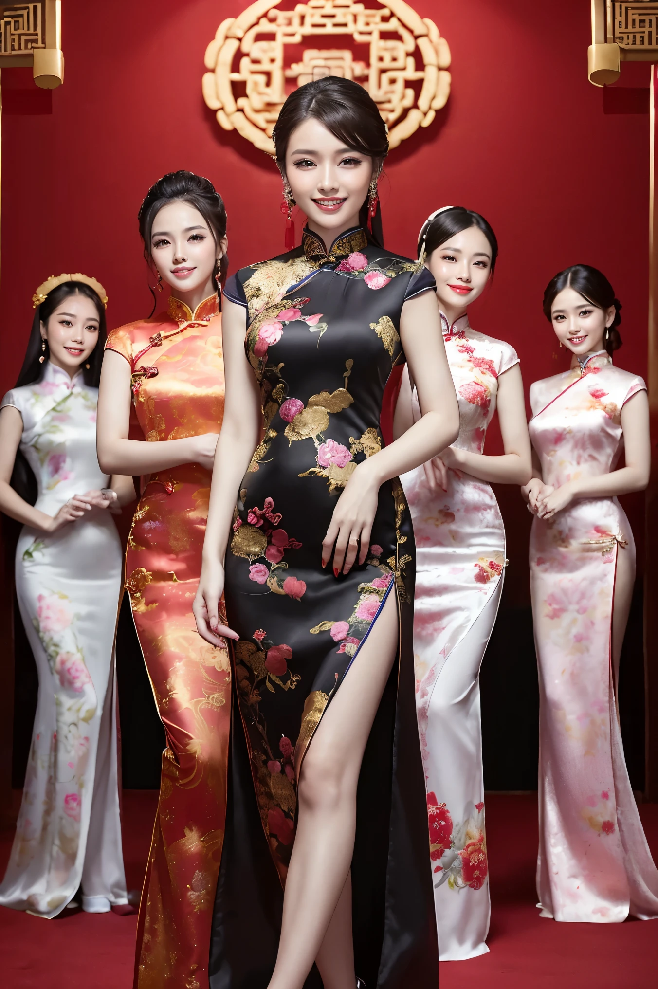 ((highest quality、Tabletop、8k、Best image quality、Hyperrealism))、(Group photo of five Chinese women in Chinese dresses:1.5)、A group of beautiful women wearing cheongsam、A large gathering of Chinese beauties、Full of Chinese beauties、A group of beautiful women wearing cheongsam、Many beautiful women wearing Chinese dresses、Detailed face、Photo from the waist up、the most luxurious cheongsam、Chinese dress with intricate decoration))、(women look at me、smile、Laughter、Beautiful Teeth、Perfect Anatomy、Dark red lipstick、Big ample breasts、Accentuate your body lines)、((The background is Beijing at night、walking down the streets of beijing、Midnight、Complete darkness、The most moody and romantic blurry beautiful lighting))
