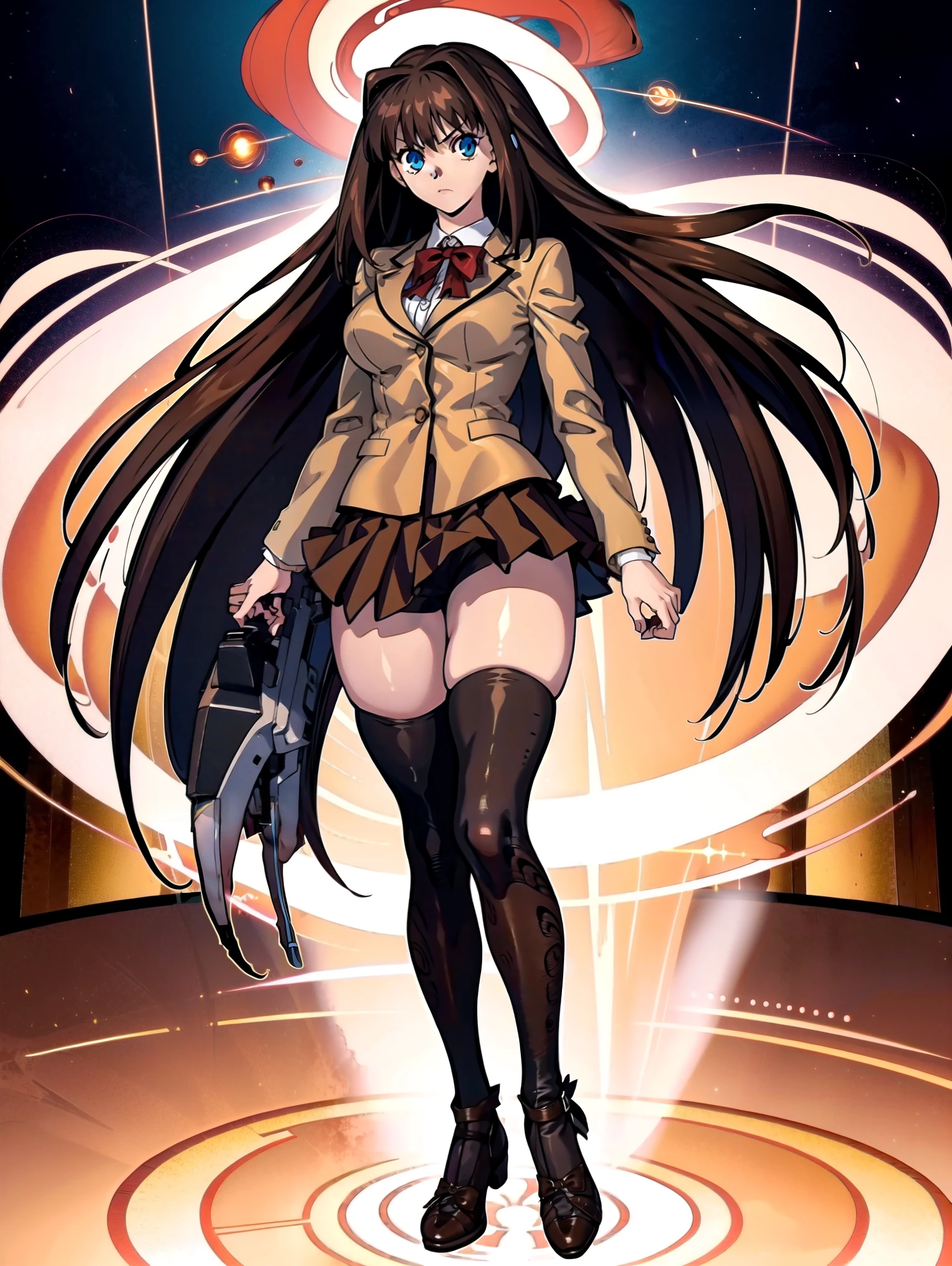 BREAK, centered, BREAK, (EMPTY BACKGROUND), BREAK, (masterpiece), best quality, highest resolution, 8k, illustration, (beautiful detailed eyes:1.5), perfectface, extremely detailed body, CG, perfect hands, perfect anatomy, ((1girl)), ((solo)), (((bbaoko))), ((2 legs max)), ((2 feet max:1.5)), ((swirling vortex shaped longest brown hair:1.5)), (brown longest hair with slightly reddish undertone:1.6), (lush luscious longest brown hair:1.6), (very long voluminous longest brown hair:1.5), serious, blue eyes, red bowtie, (Form-fitting beige blazer:1.5), brown jacket, (highly detailed beautiful face:1.2), ((Flowing skirt)), Wind, (white shirt:1), (well shaped large breasts:1.6), (nice hips:1), pretty legs, ((thigh-high black stockings:1.6)), (((Umber pleated skirt:1.6))), (((large bike-shorts:1.6))), (toned visible skin thighs:1.6), (strap shoes brown color), (facing front:1.5), ((standing straight:1.5)), ((Fullbody in frame:1.5)), ((Full body:1.5)), (takeuchi takashi:1.3)
