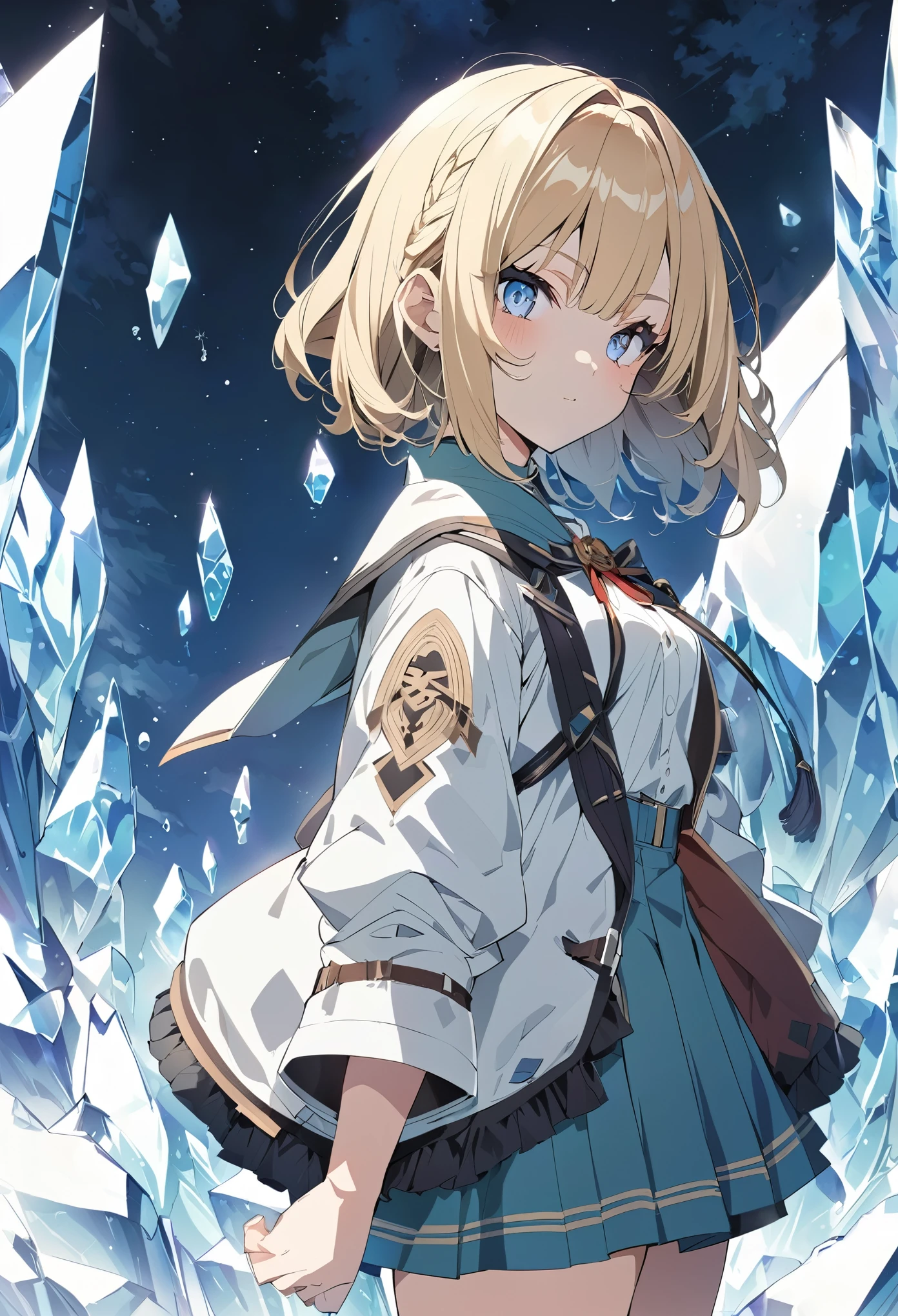 masterpiece, highest quality, Very detailed, High resolution, Japanese anime,One Girl, (White skin:1.2), Blonde, (short hair:1.4), (Blunt bangs:1.3), (eyelash:1.3), (eye shadow:1.3), (big, Droopy blue eyes:1.5), (Beautiful details:1.4), height: 130 cm, original character, Fantasy, (White Background:1.2), (Original Magic School Uniform:1.5), ビューアーを見るHigh resolution, (Anime Style:1.4),Natural ice Side Shot blonde
