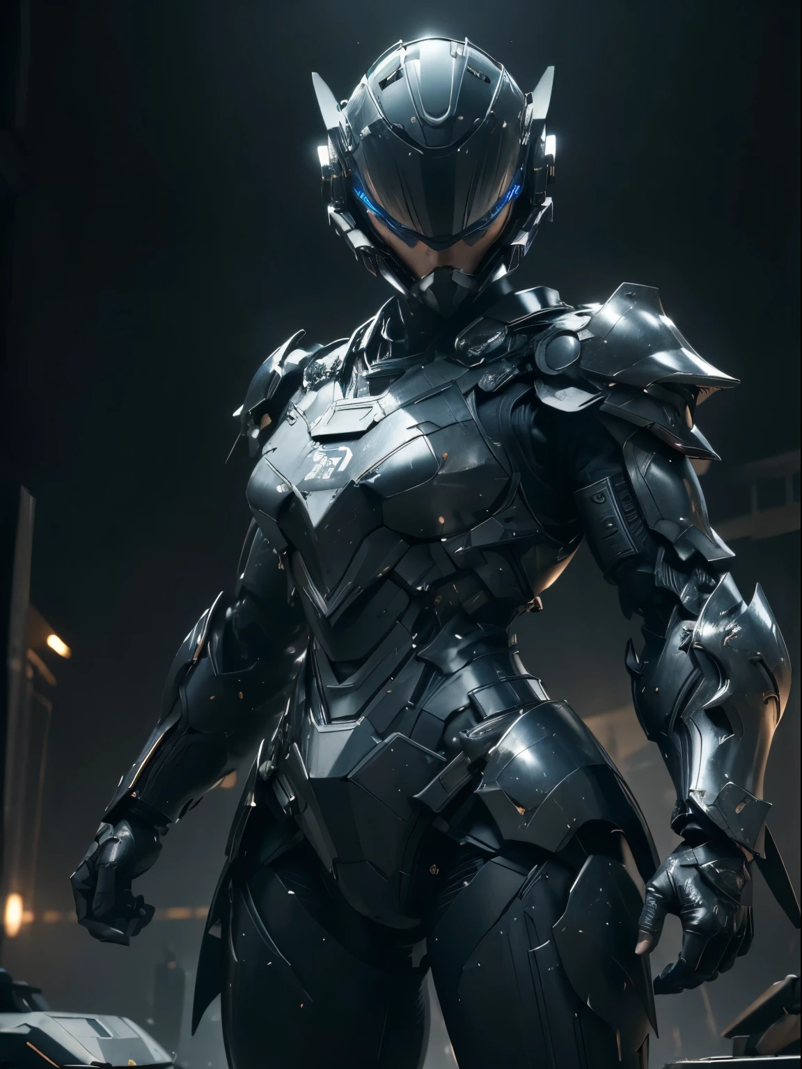 (top-quality、masterpiece、ultra-detailliert、hight resolution、realisitic、Photorealsitic、extremely delicate and beautiful、amazing fine details、The best illustrations、Dramatic Lighting、sharp focus)、Focus on the face、3/5 shots、Focus from the chest up、((、full face helmet、Black Reinforced Armor Suit、armored gloves))、looking at the viewers、battle posture、a science fiction film、Dark blue eyes、bob cuts、Chestnut hair、serious faces、Sharp eyes、Detailed hand depiction、Realistic face resolution、The background is the battlefield、Spacecraft in the sky、Dynamic action