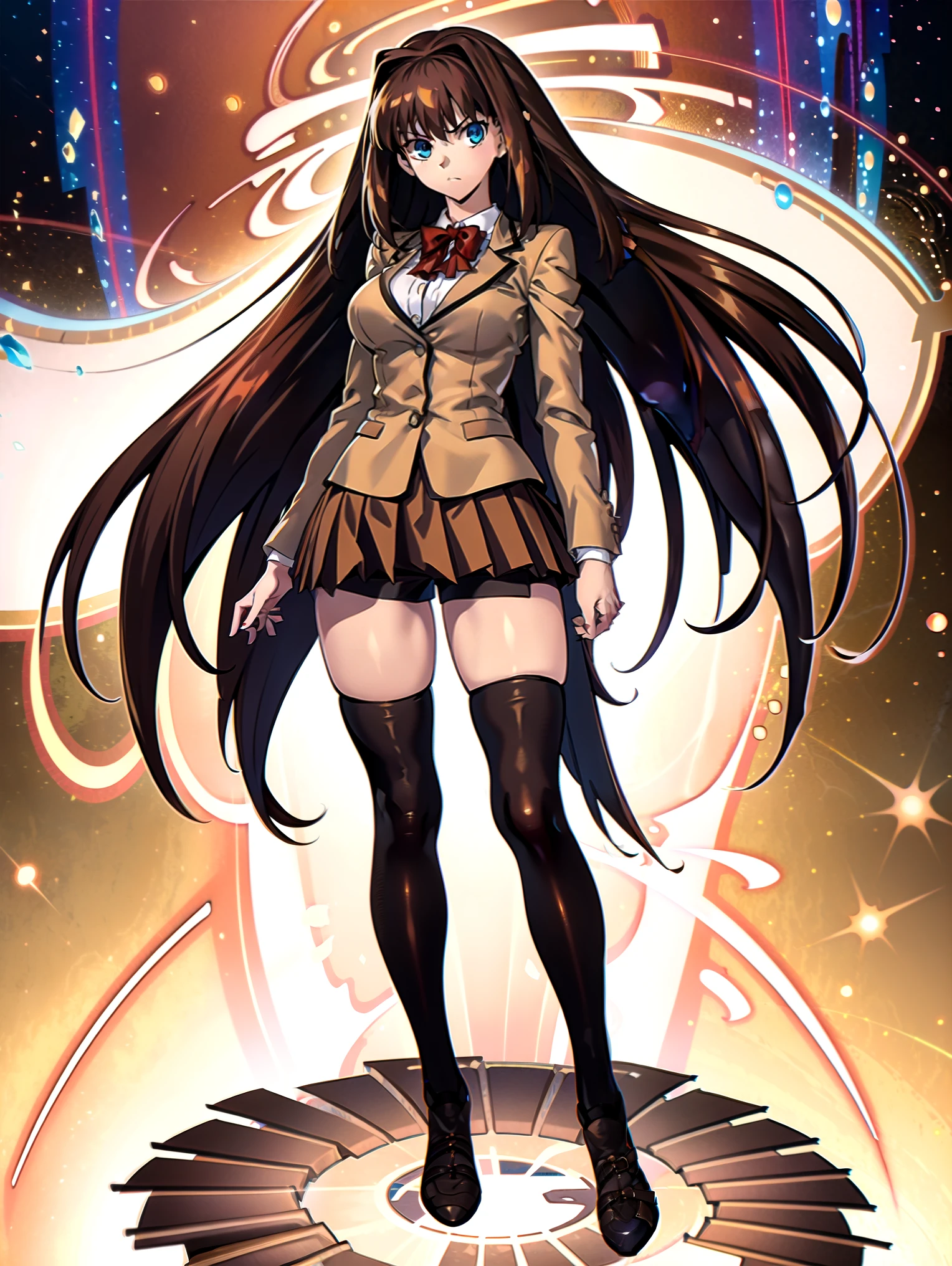 BREAK, centered, BREAK, (EMPTY BACKGROUND), BREAK, (masterpiece), best quality, highest resolution, 8k, illustration, (beautiful detailed eyes:1.5), perfectface, extremely detailed body, CG, perfect hands, perfect anatomy, ((1girl)), ((solo)), (((bbaoko))), ((2 legs max)), ((2 feet max:1.5)), ((swirling vortex shaped longest brown hair:1.5)), (brown longest hair with slightly reddish undertone:1.6), (lush luscious longest brown hair:1.6), (very long voluminous longest brown hair:1.5), serious, blue eyes, red bowtie, (Form-fitting beige blazer:1.5), brown jacket, (highly detailed beautiful face:1.2), ((Flowing skirt)), Wind, (white shirt:1), (well shaped large breasts:1.6), (nice hips:1), pretty legs, ((thigh-high black stockings:1.6)), (((Umber pleated skirt:1.6))), (((large bike-shorts:1.6))), (toned visible skin thighs:1.6), (strap shoes brown color), (facing front:1.5), ((standing straight:1.5)), ((Fullbody in frame:1.5)), ((Full body:1.5)), (takeuchi takashi:1.3)