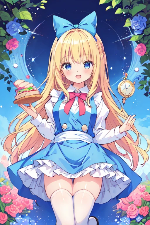 (best quality, masterpiece:1.2), illustrations, a cute girl, cute face, kawaii, early teens,
 10-year-old, ,
 blonde hair, long hair, straight hair, shiny hair,
 blue eyes,
 medium breasts,
 smile, open mouth,
 (Alice's Adventures in Wonderland, Alice Costumes in Wonderland, blue dress, puff sleeve, white apron, frill, pinafore, collar, white legwear, loafer), (hair bow, blue bow:1.2),