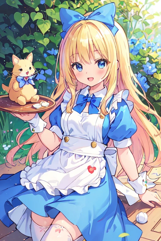 (best quality, masterpiece:1.2), illustrations, a cute girl, cute face, kawaii, early ,
 10-ye-ol
 blo hair, long hair, straight hair, shiny hair,
 blue eyes,
 medium breasts,
 smile, open mouth,
 (Alice's Adventures in Wonderland, Alice Costumes in Wonderland, blue dress, puff sleeve, white apron, frill, pinafore, collar, white legwear, loafer), (hair bow, blue bow:1.2),