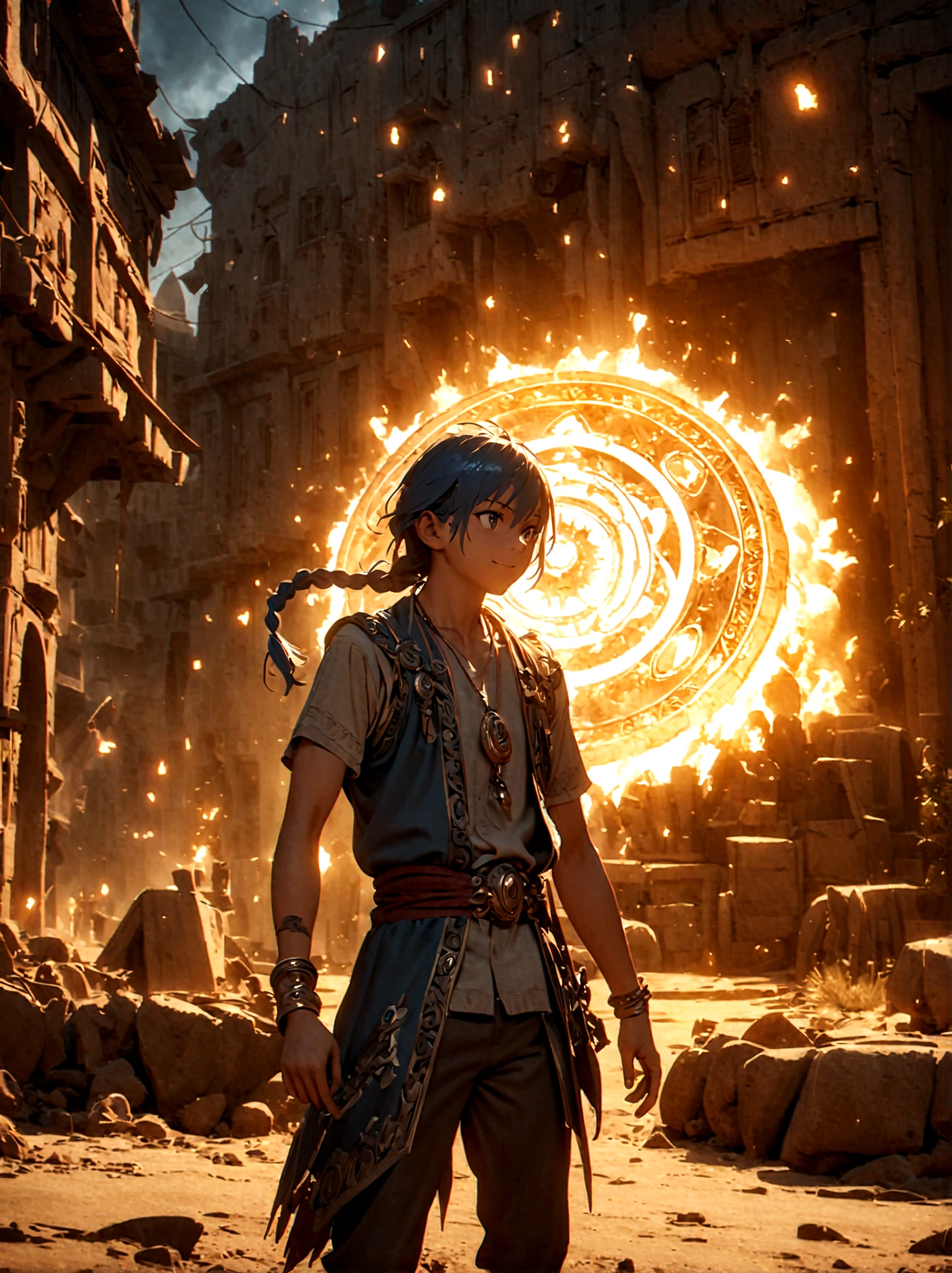 1boy，magi_aladdin，Standing alone in a desert town, He has short blue hair，With a braid，Wear a headscarf，Smiling，A flute pendant hangs around her neck，Wearing a blue vest, A magical explosion can be seen in the background，Super large magic circle，lightning，fighting，Mouth tightly shut，sneer，Soft lighting and detailed environments create an immersive environment，Let your imagination run wild with super details, Ultra-detailed face, High-quality visual effects, Sharp focus, Octane Rendering, 8k, Ultra HD