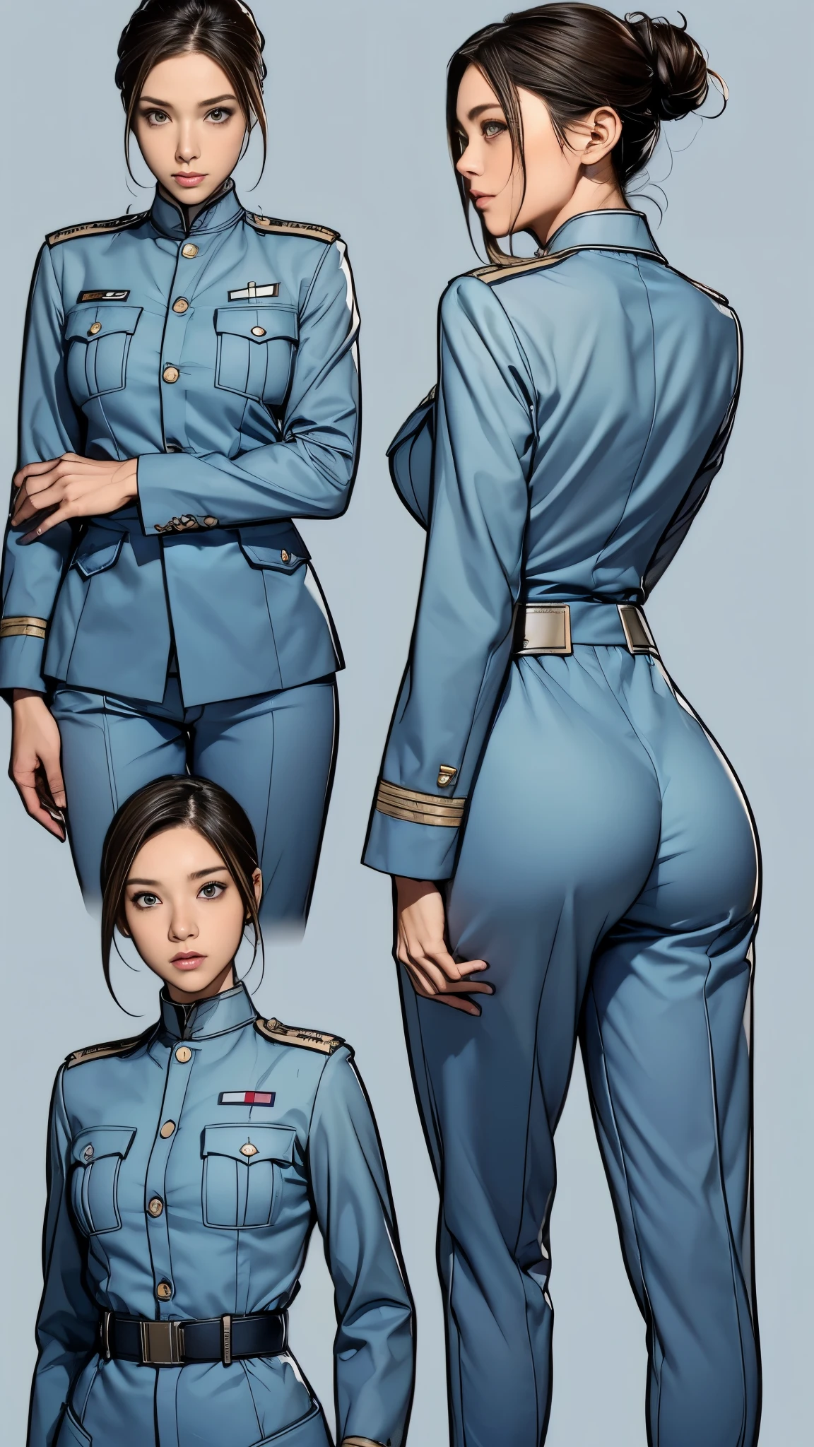 ((masterpiece)),(((highest quality))),((Reference Sheet, Character Design, front, return, ~ ~ ~ side, Mr...々Hairstyle, Mr...々performance, Facial Expressions)), ****************, Cute type, (Very slim:1.4), (Very small ass:1.4), Realistic buttocks, (Big Breasts:1.3), Short Bob, Thin thighs, Long legs, It's not a big deal,(A female Earth Federation officer is walking), (Wearing Earth Federation military uniform, Light grey and light blue military uniform),(Worn by federal government employees&#39;White Hat:1.5)