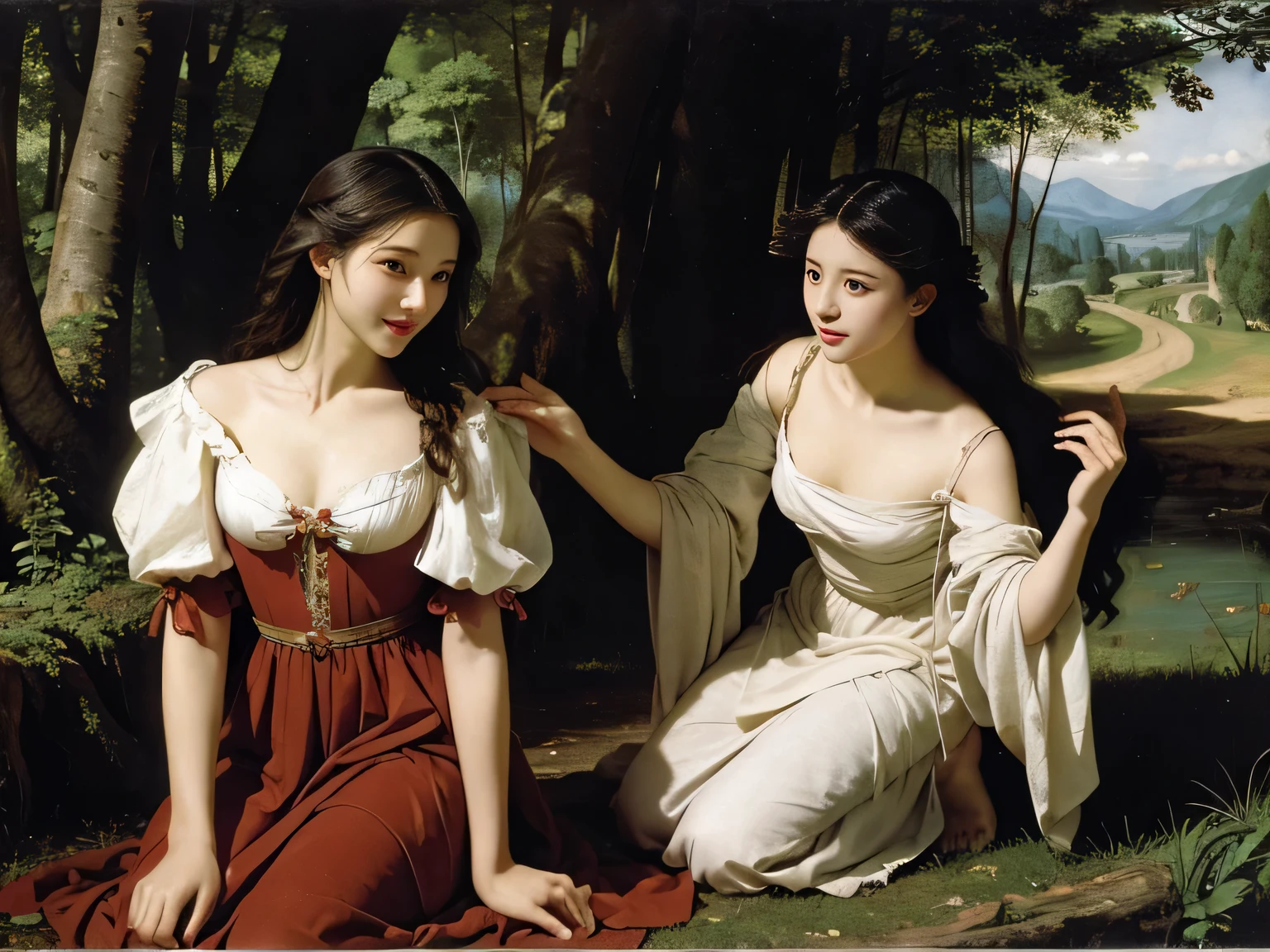 Giorgione painting style,Barbizon forest A beautiful woman in Greek dress smiles on the shore,Sweet and seductive appearance.、Caravaggio's paintings、Chiaroscuro of Caravaggio、hair tousled by the wind,Two women frolicking,cute smile, expression of ecstasy,Sexy,erotic, full body portrait
