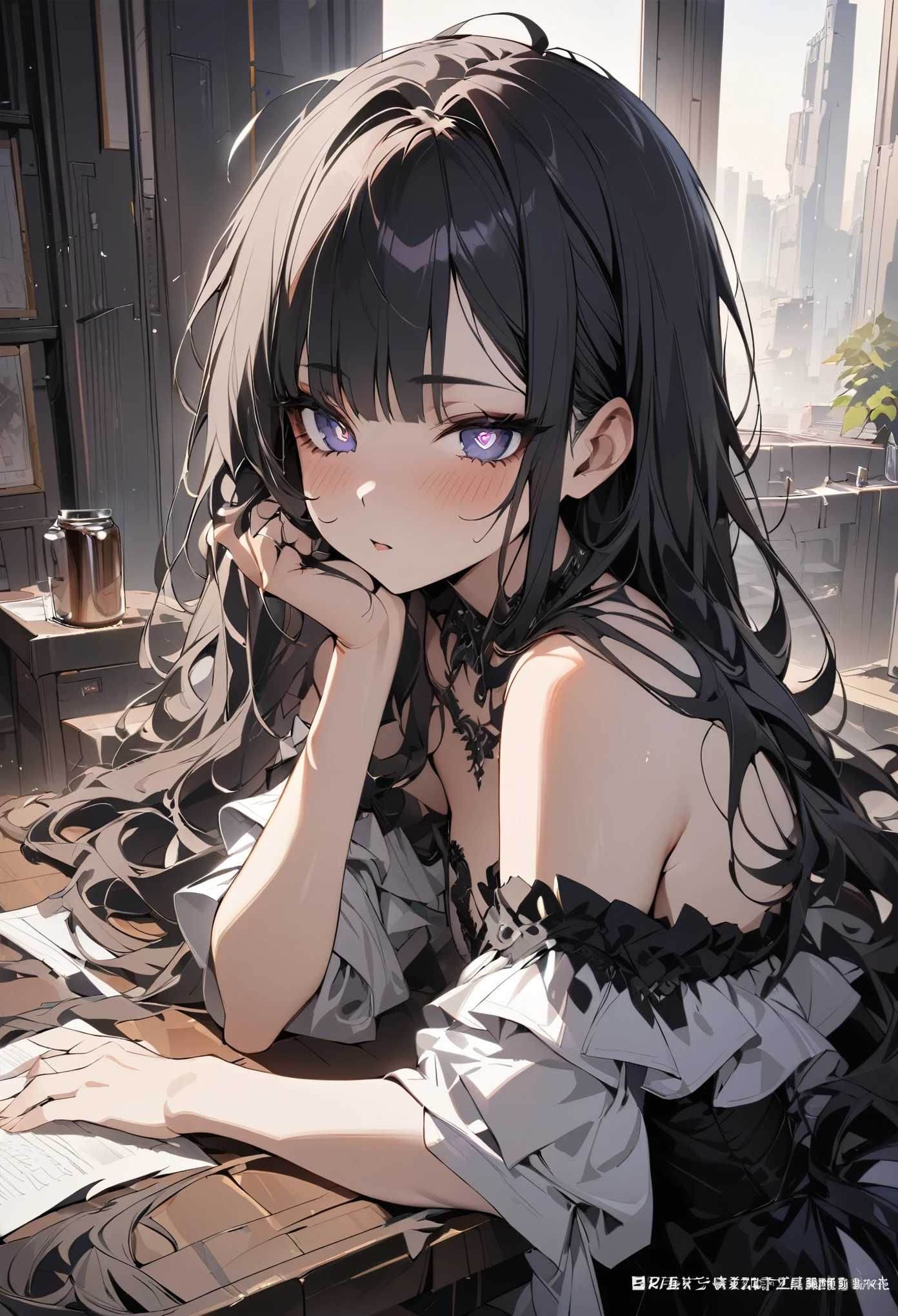 One girl, bangs, Long Hair, Messy Hair, Slope_eye, Diamond-shaped pupils, Devil Girl, Royal type off-shoulder dress, Conceptual Art, masterpiece, Super detailed, Attention to detail, high quality, 最high quality, High resolution
