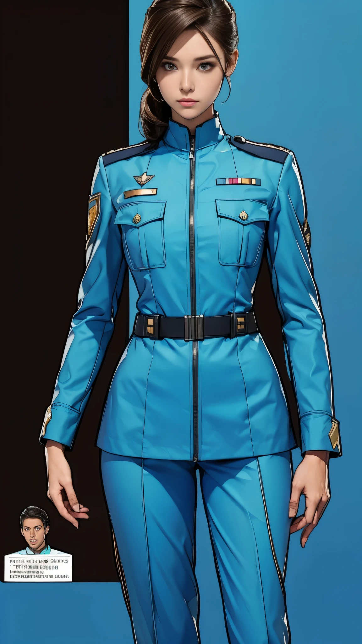 ((masterpiece)),(((highest quality))),((Reference Sheet, Character Design, front, return, ~ ~ side, Mr..々Hairstyle, Mr..々Performance, Facial Expressions)), , Cute type, (Very slim:1.4), (Very small ass:1.4), Realistic buttocks, Medium milk, Short brown hair,Thin thighs, Long legs, It's not a big deal,(A female Earth Federation officer is walking), (Wearing Earth Federation military uniform, White and light blue military uniform),(Worn by federal government employees'White Hat:1.5)