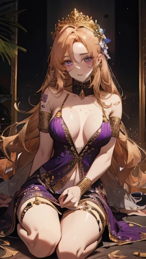 a Shy slave princess, flowers, lust, golden hair, purple dress, slave tattoo on her stomach