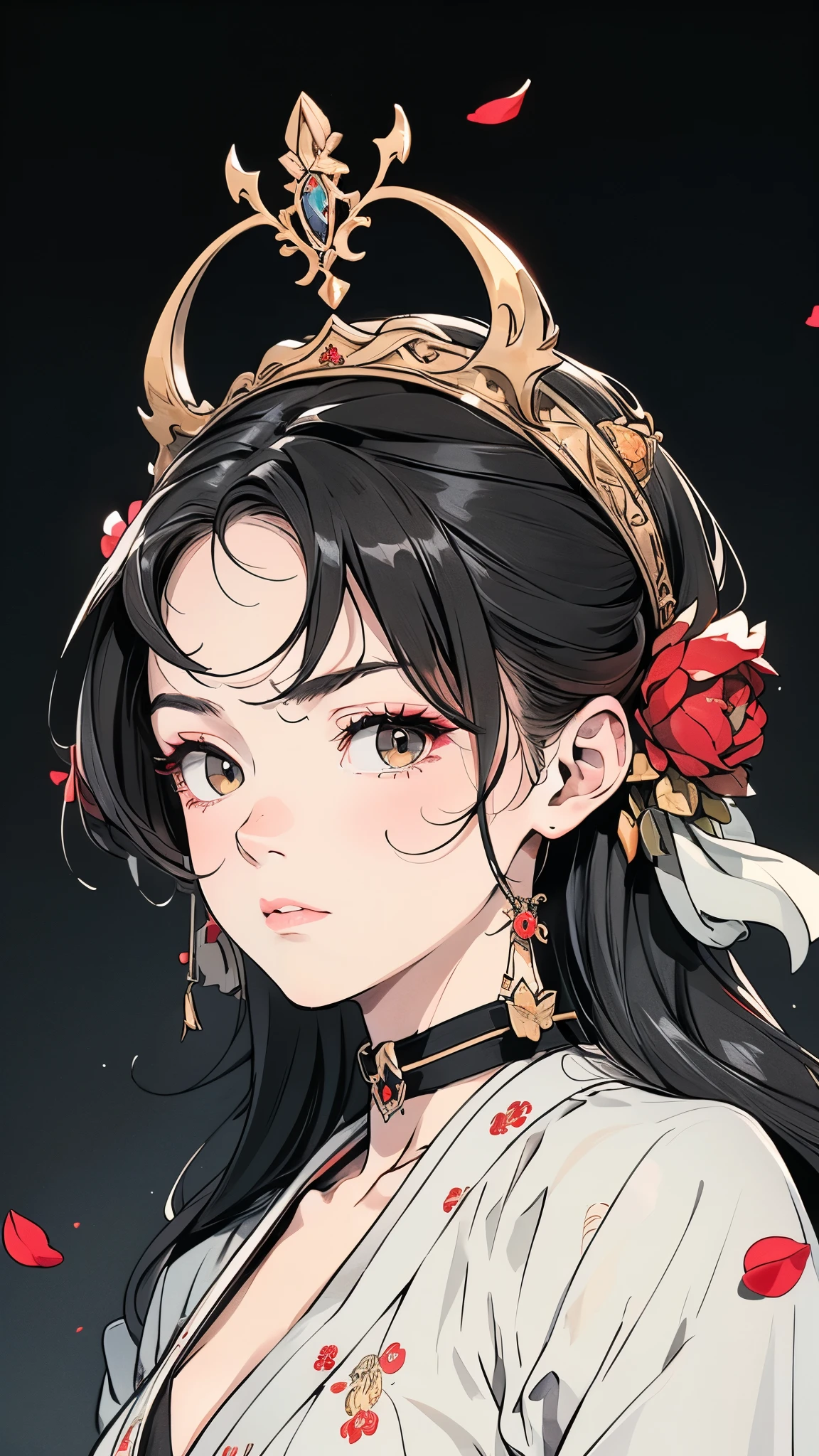 Seven Rhaeyar (Deylta), Ancient Star goddess, Perfect female anatomy (Royalty, Adult Female, 166cm in height, Cool pale skin, slim, slender, 34D breast size, Long Jet Black Hair, Gray Colored Iris , a set of Jet black colored horns on her head), Neutral facial expression, Elegant black uniform dress, female choker accessory with silver complimentary jewelry, dragon motifs, Black rope accessories, Simple Black Background, receiving light from the front, Slightly focusing on her face up close, Ethereal glow, Red Rose petals falling, Japanese inspired