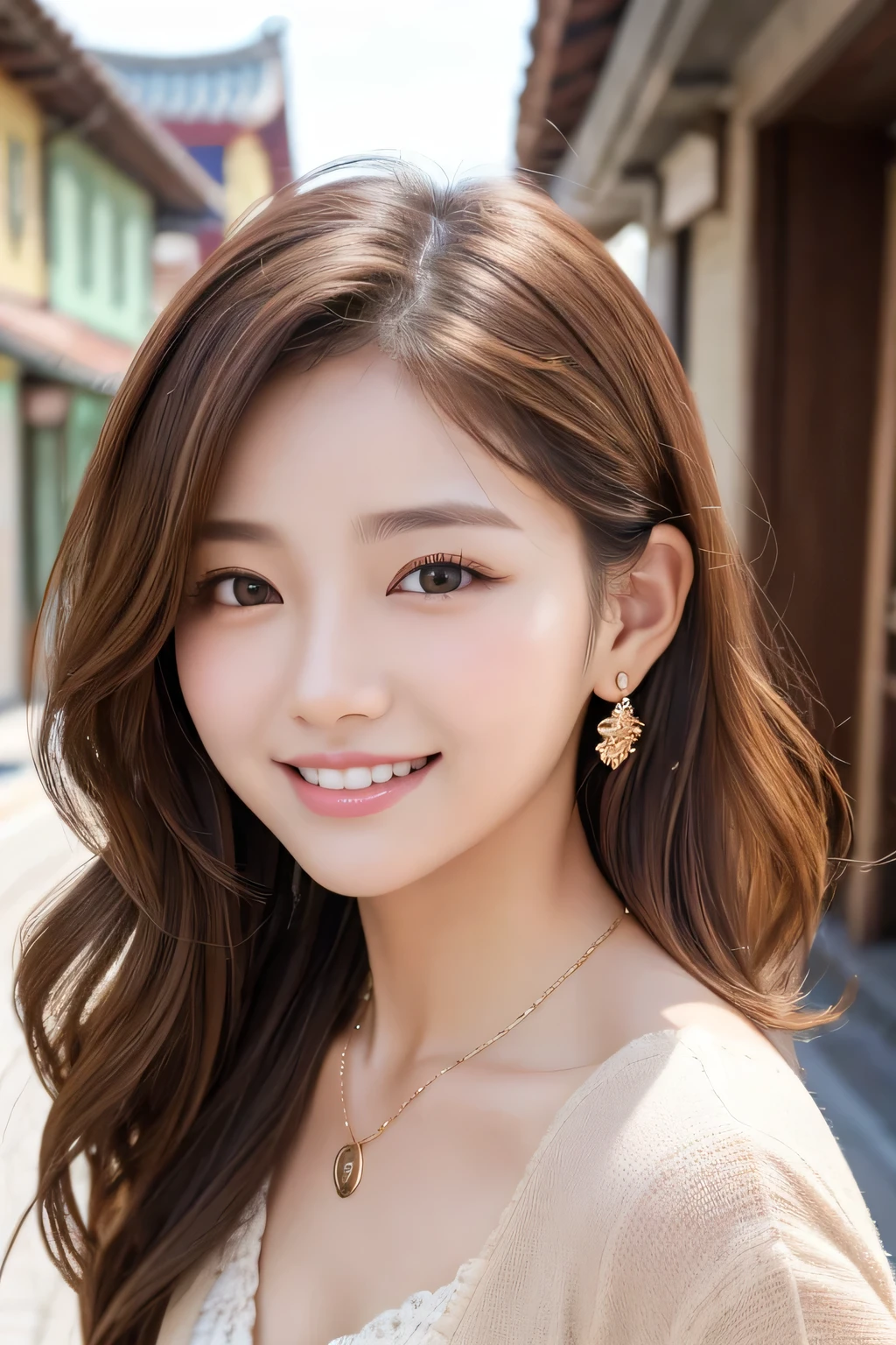 Beautiful young woman of the year、 Korean women、Light brown hair、Wavy Hair、short hair、ear piercing、Necklace around the neck、blouse、smile, Beautiful teeth alignment、Intricate details, Very detailed:1.2), 、 Looking into the camera,The background is the town