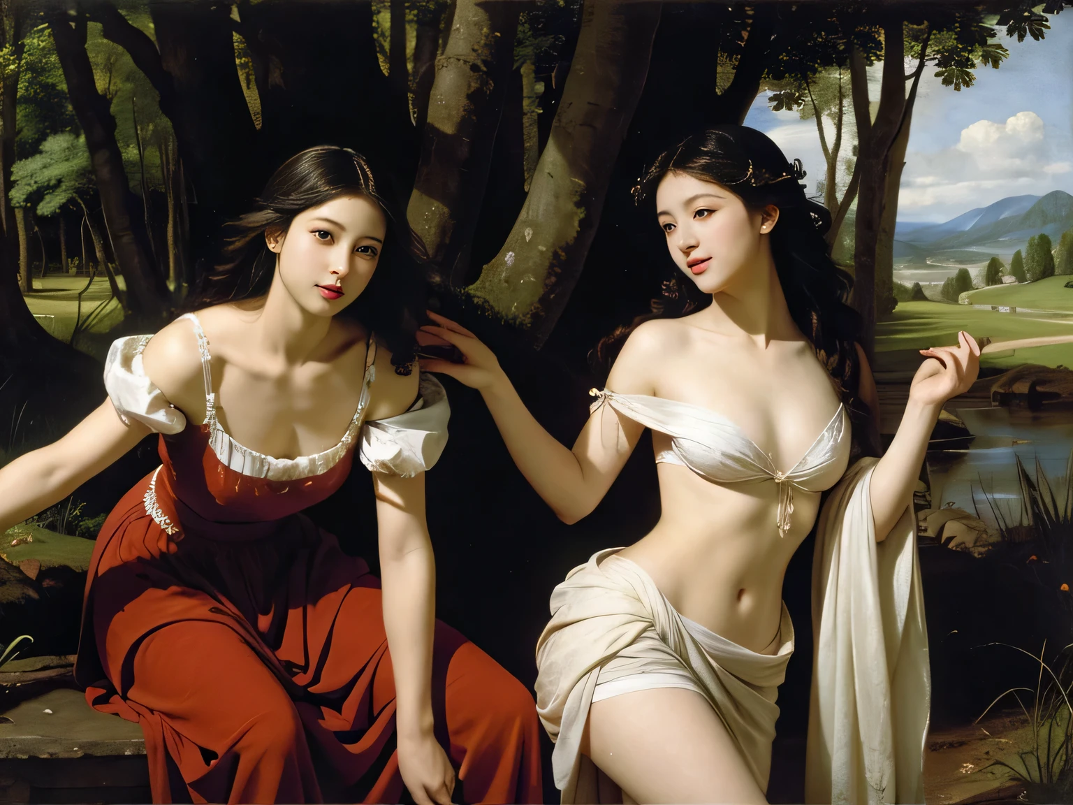 Giorgione painting style,Barbizon forest A beautiful woman in Greek dress smiles on the shore,Sweet and seductive appearance.、Caravaggio's paintings、Chiaroscuro of Caravaggio、hair tousled by the wind,Two women frolicking,cute smile, expression of ecstasy,Sexy,erotic, full body portrait