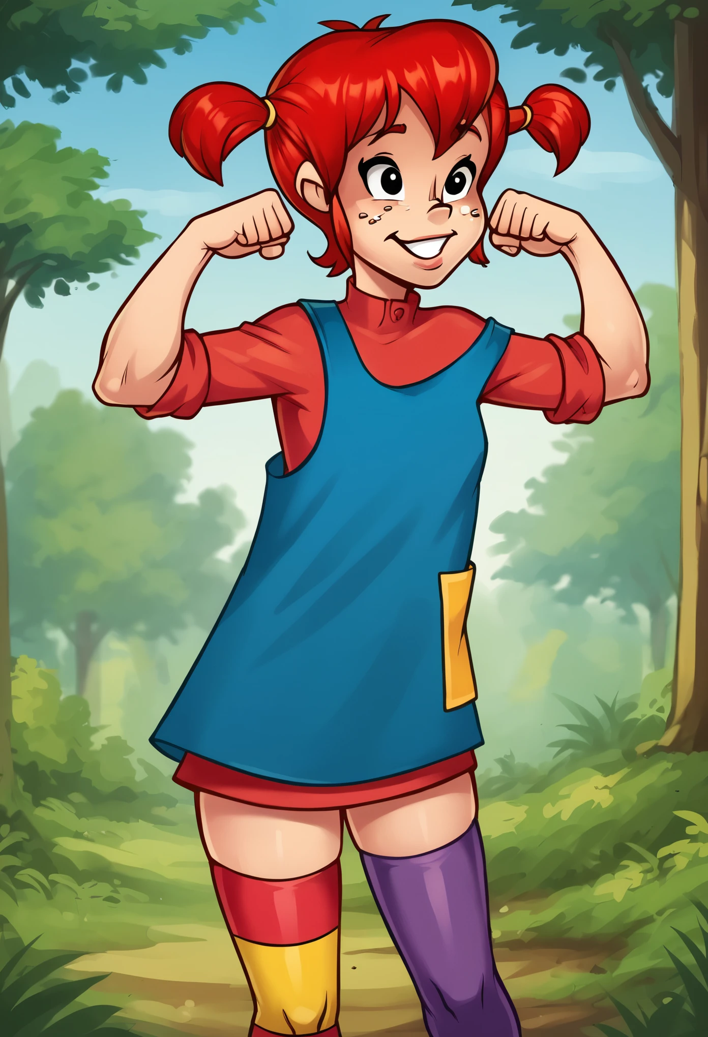 score_8_up, BREAK, Pippi, 1girl, solo, red hair, short twintails, black eyes, freckles, red dress, blue overalls, thighhighs, mismatched legwear, multicolored legwear, asymmetrical legwear, forest, blurry background, cowboy shot, flexing,