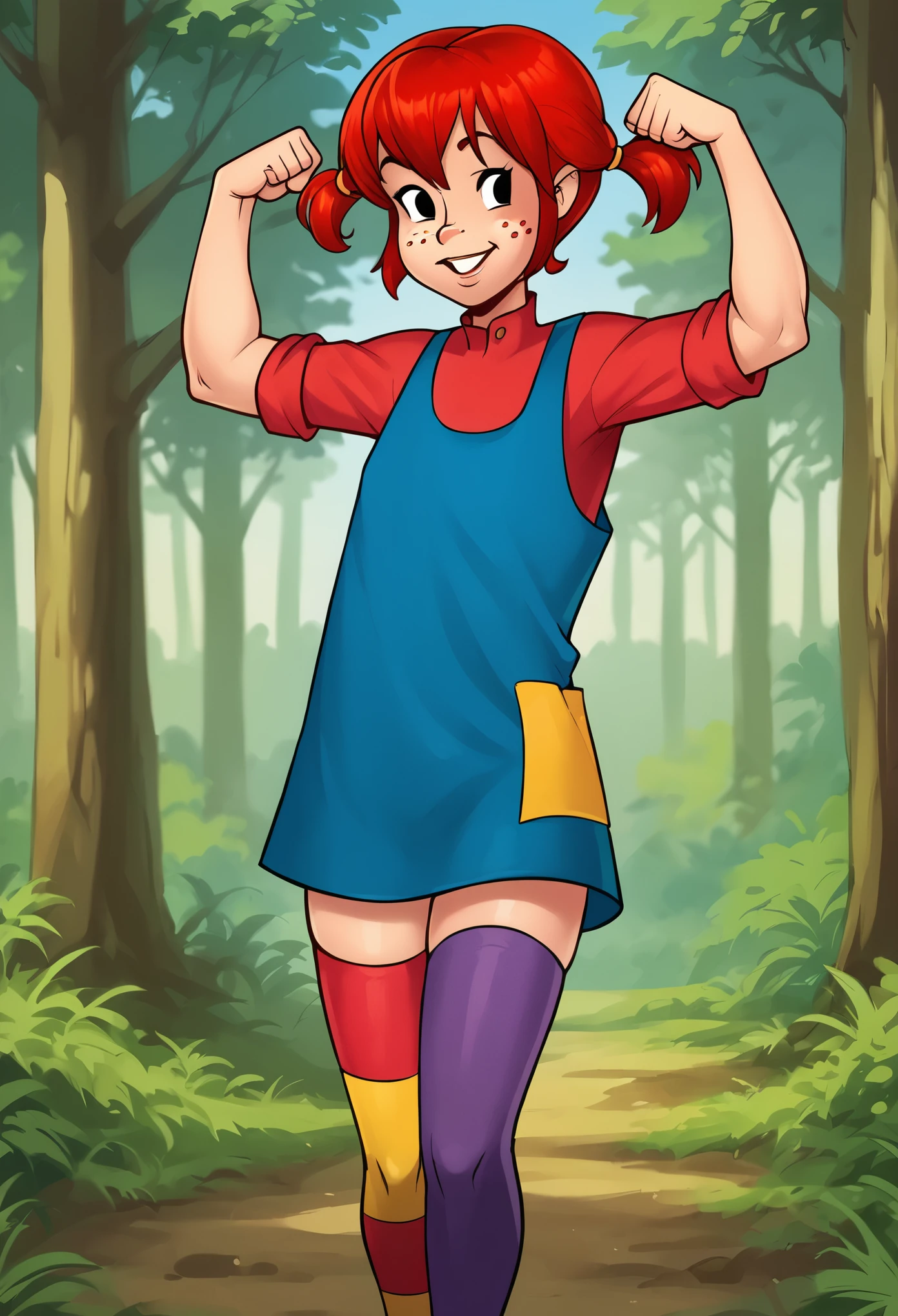score_8_up, BREAK, Pippi, 1girl, solo, red hair, short twintails, black eyes, freckles, red dress, blue overalls, thighhighs, mismatched legwear, multicolored legwear, asymmetrical legwear, forest, blurry background, cowboy shot, flexing,