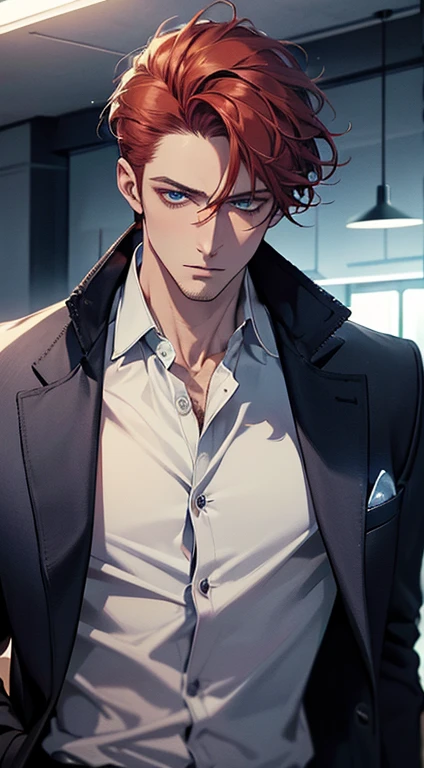 (best quality, masterpiece, 8K, photorealistic, cinematic lighting, 1:4 hdr image, ultra detailed, beautiful image), a mature man, 34 years very handsome, ((cold expression)), short red hair, blue eyes, face perfect without mistakes, ((buttoning his jacket, CEO))