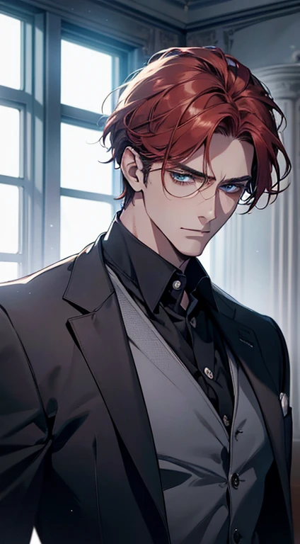 (best quality, masterpiece, 8K, photorealistic, cinematic lighting, 1:4 hdr image, ultra detailed, beautiful image), a mature man, 34 years very handsome, ((cold expression)), short red hair, blue eyes, face perfect without mistakes, ((buttoning his jacket, CEO))