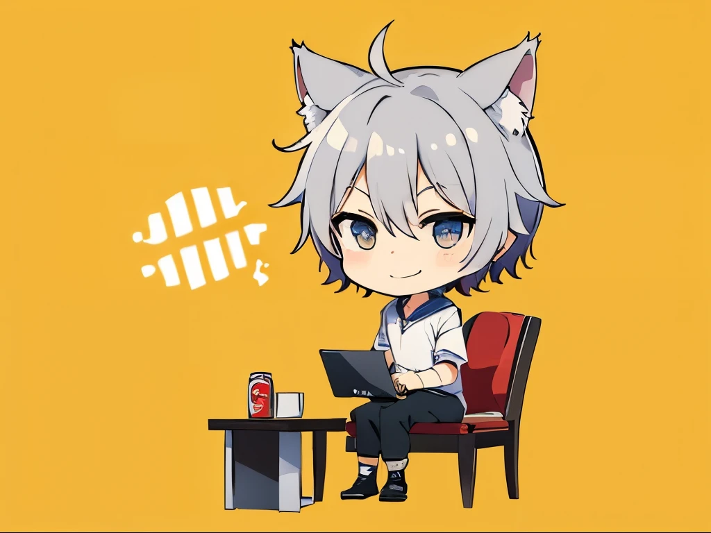 (chibi:1.1)，(Sit on a chair:1.2)，computer，(Energy drinks)，smile，Have a drink，masterpiece, A world where magic and technology coexist, Cat Eared Man(Gray Hair, short hair) ，(boy)，Hone your skills，Let me&#39;Go on a journey to uncover the secrets of power., Beautiful Eyes，depicted in detail. The magician makes the most of the potential of his abilities..，We must learn how to unlock the true potential of modern magic，masterpiece, Cat Eared Man，Gray Hair, short hair)，depicted in detail，
