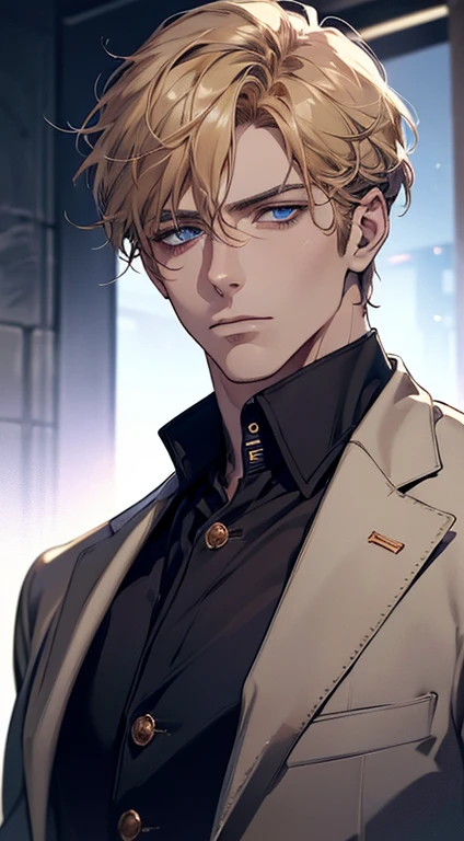 (best quality, masterpiece, 8K, photorealistic, cinematic lighting, 1:4 hdr image, ultra detailed, beautiful image), a mature man, 34 years very handsome, ((cold expression)), short golden hair, blue eyes, face perfect without mistakes, ((buttoning his jacket, CEO))