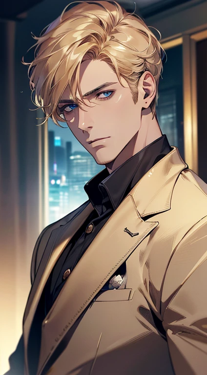 (best quality, masterpiece, 8K, photorealistic, cinematic lighting, 1:4 hdr image, ultra detailed, beautiful image), a mature man, 34 years very handsome, ((cold expression)), short golden hair, blue eyes, face perfect without mistakes, ((buttoning his jacket, CEO))