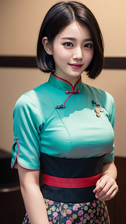 (RAW Photos:1.2), (Realistic:1.4), Beautiful detailed girl, Very detailed eyes and face, Beautiful details, Ridiculous, incredibly Ridiculous, Large file size, Very detailed, High resolution, Very detailed, highest quality, masterpiece, kemomimi, ((Japanese Girls)),、 shape, Very detailed, CG, Unified, 8k wallpaper, wonderful, Fine details, masterpiece, highest quality, Very detailed CG uniform 8k wallpaper, Light on the face, Cinema Lighting,( One Girl),Feeling Face、(Big Ass)、(Full Body Shot)、((qipao))、((No sleeve))(Ample breasts:1.3)、24-years-old、very,short hair、Shiny black hair、Looking into the camera、(Big Smile 1:4):((Upper body from the knee up)),Are standing