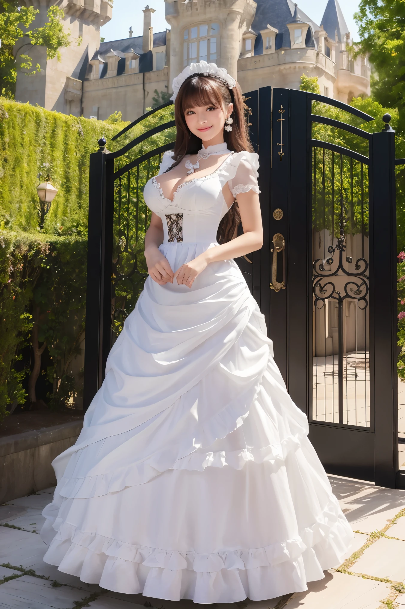 ((Tabletop、highest quality、Award-winning works、8k、Ultra high definition))、1. Beautiful Maid、Gorgeous and luxurious maid dress, Huge top-notch maid dress,Black and white maid outfit,Ruffled maid dress,Gorgeous maid dress,Maid outfit with big apron,Big maid costume,High-end maid outfit,Luxurious long skirt, The most extravagant maid dress、(In the background is a luxurious European castle:1.1)、(Standing in front of a huge, luxurious and gorgeous gate:1.1)、Elegant standing posture、The background is lovely, The most gorgeous and luxurious castle、Accentuate your body lines,Big ample breasts,A big bust that seems to burst、Smiling graciously,