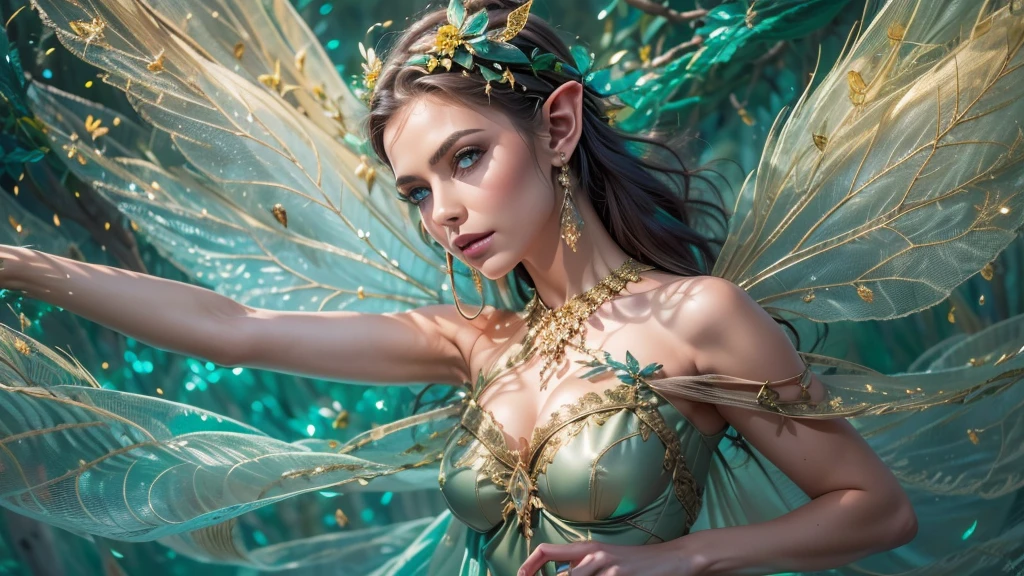 Beautiful faerie woman, elf ear, flying, hovering, floating, centered holographic dragonfly wings, balanced wings, glowing blue eyes, detailed proportional hand, manicured hands, proportional body, firm breast, silk tutu, frank Frazzetta painting style, (Best Quality:1.4), (Ultra-detailed), (extremely detailed CG unified 8k wallpaper), Highly detailed, RAW Photos, Professional Photography, plein air, Illumination, (Super fancy photos:1.4), (Dazzling light), Radiant Photography, depth of fields,