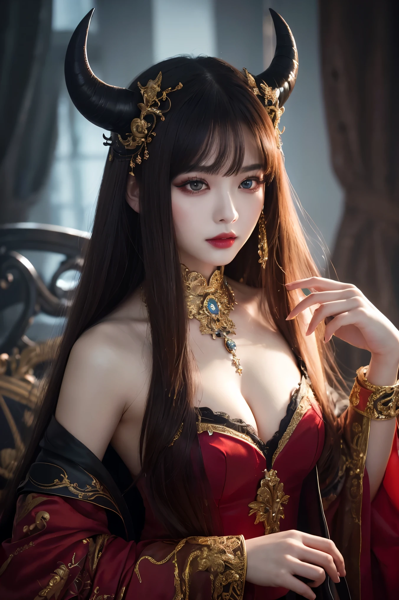 (highest quality、masterpiece、Award-winning works、Best image quality、Highest Resolution、8k、Ultra-high resolution)、The most beautiful demon princess、(The most extravagant demon princess'The finest dresses:1.1)、(The most luxurious and elaborate costumes:1.1)、(The most complex and detailed textures:1.1)、(The finest devil's dress, with the most detailed and intricate decoration:1.1)、(The most luxurious and highest quality giant tiara:1.1)、(The most luxurious and highest quality giant necklace:1.1)、(The most realistic devil horns:1.1)、(Detailed jewellery decoration all over the body:1.1)、A bewitching smile staring at me、Evil tattoo、Evil decoration、The finest costumes、Enchanting Demon Princess、Big Breasts、Perfect Makeup、Wicked Eyeshadow、Long eyelashes、Black lipstick、Accurate anatomy、Cowboy Shot、(Blurred Background)、(The background is a luxurious princess bedroom:1.2)、Spooky decoration、Evil decoration、Spectacular Cinema Lighting、Romantic and Moody