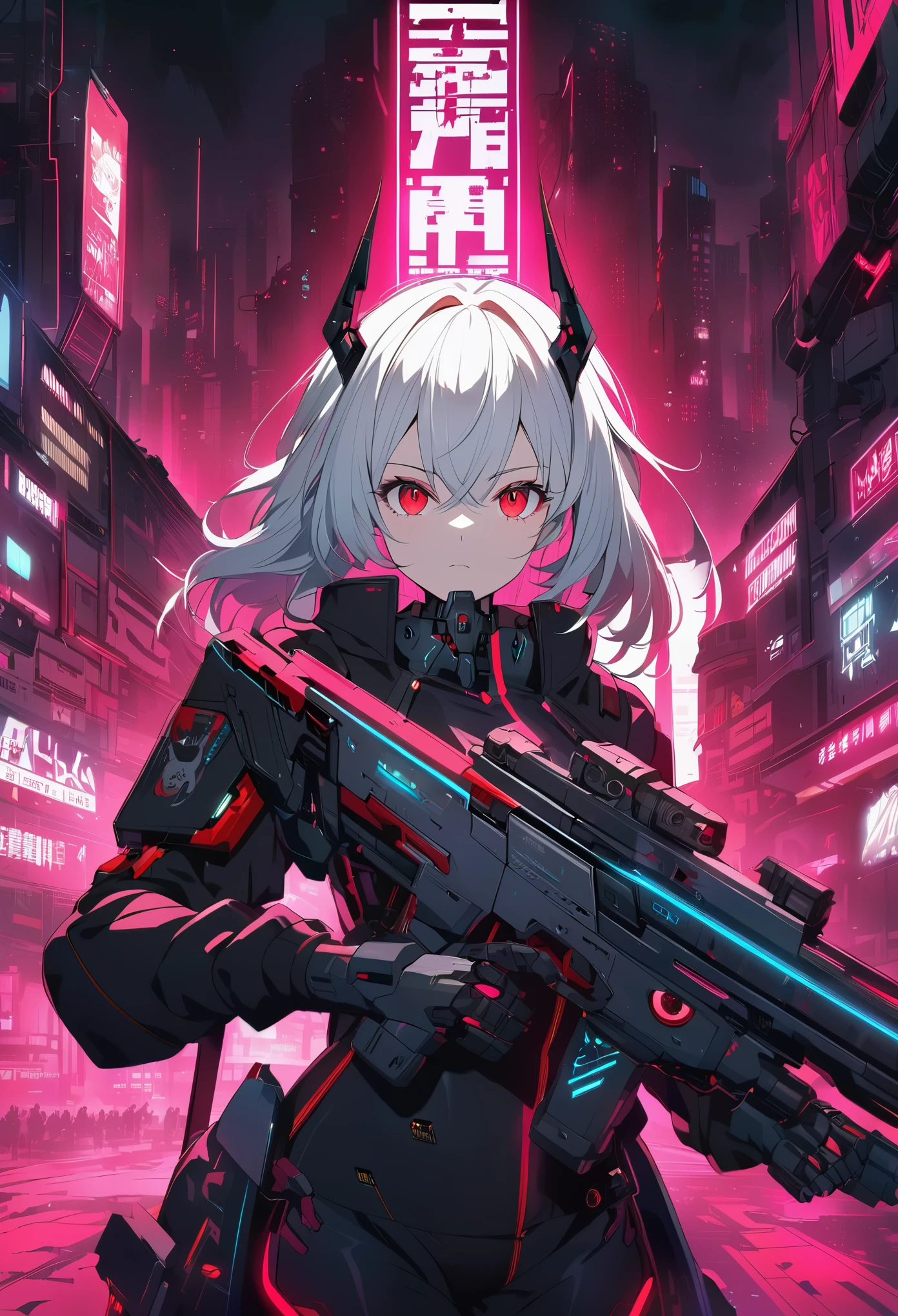 Anime girl with red eyes and black outfit holding a gun, Best Anime 4K Konachan Wallpaper, From Arknights, Amazing Anime 8K, Cyberpunk Anime Girl mech, Devil Anime Girl, Cyborg - Silver Haired Girl, anime cyberpunk art, With eyes that glow red, Anime Style 4K, Cyberpunk Anime Girl, Digital Cyberpunk Anime Art, Red eyes glow