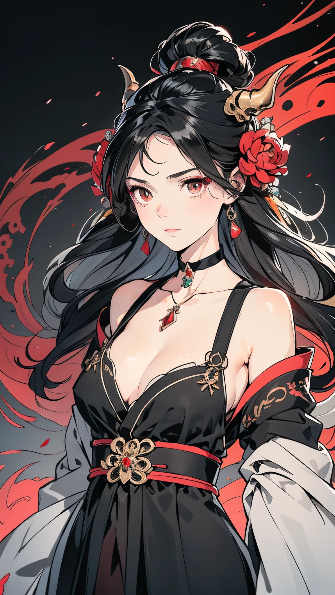 Seven Rhaeyar (Deylta), Ancient Star goddess, Perfect female anatomy (Royalty, Adult Female, 166cm in height, Cool pale skin, slim, slender, 34D breast size, Long Jet Black Hair, Gray Colored Iris , a set of Jet black colored horns on her head), Neutral facial expression, Elegant black uniform dress, female choker accessory with silver complimentary jewelry, dragon motifs, Black rope accessories, Simple Black Background, receiving light from the front, Slightly focusing on her face up close, Ethereal glow, Red Rose petals falling, Japanese inspired