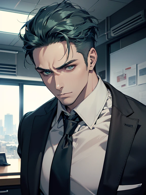 (best quality, masterpiece, 8K, photorealistic, cinematic lighting, hdr image, ultra detailed, beautiful image), 1 man, 31 years old, mature man, very handsome, (without expression, serious), short blue hair, green eyes ( penetrating gaze), imposing posture, businessman, office background