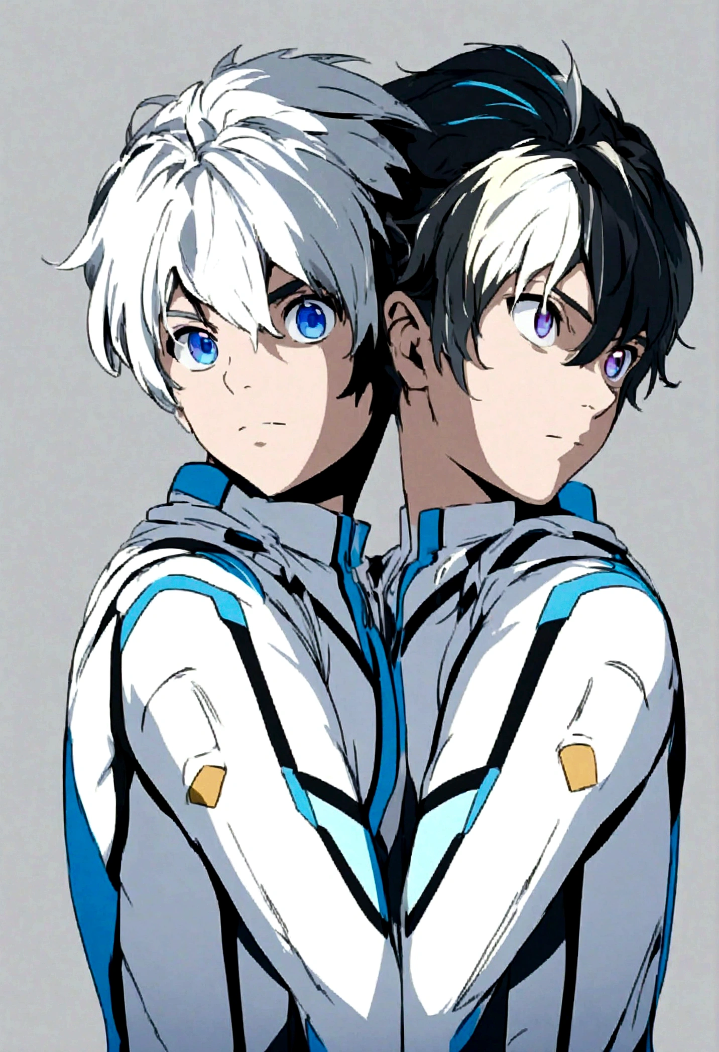 hero character, a young man, blue white sport hero outfit, grey background, anime, digital art