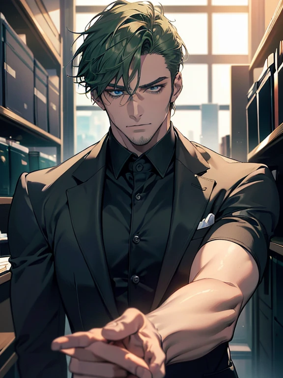 (best quality, masterpiece, 8K, photorealistic, cinematic lighting, hdr image, ultra detailed, beautiful image), 1 man, 31 years old, mature man, very handsome, (without expression, serious), short green hair, blue eyes ( penetrating gaze), imposing posture, businessman, office background