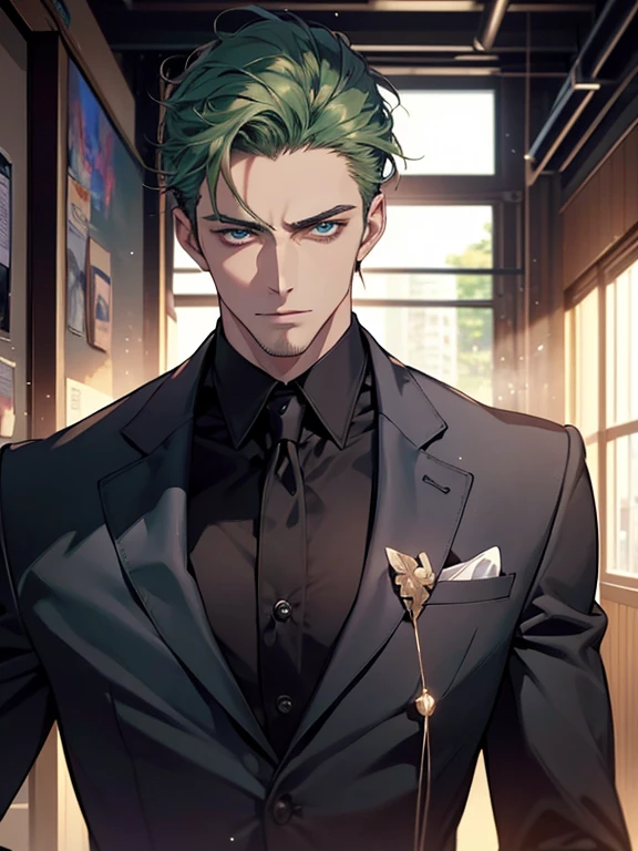 (best quality, masterpiece, 8K, photorealistic, cinematic lighting, hdr image, ultra detailed, beautiful image), 1 man, 31 years old, mature man, very handsome, (without expression, serious), short green hair, blue eyes ( penetrating gaze), imposing posture, businessman, office background