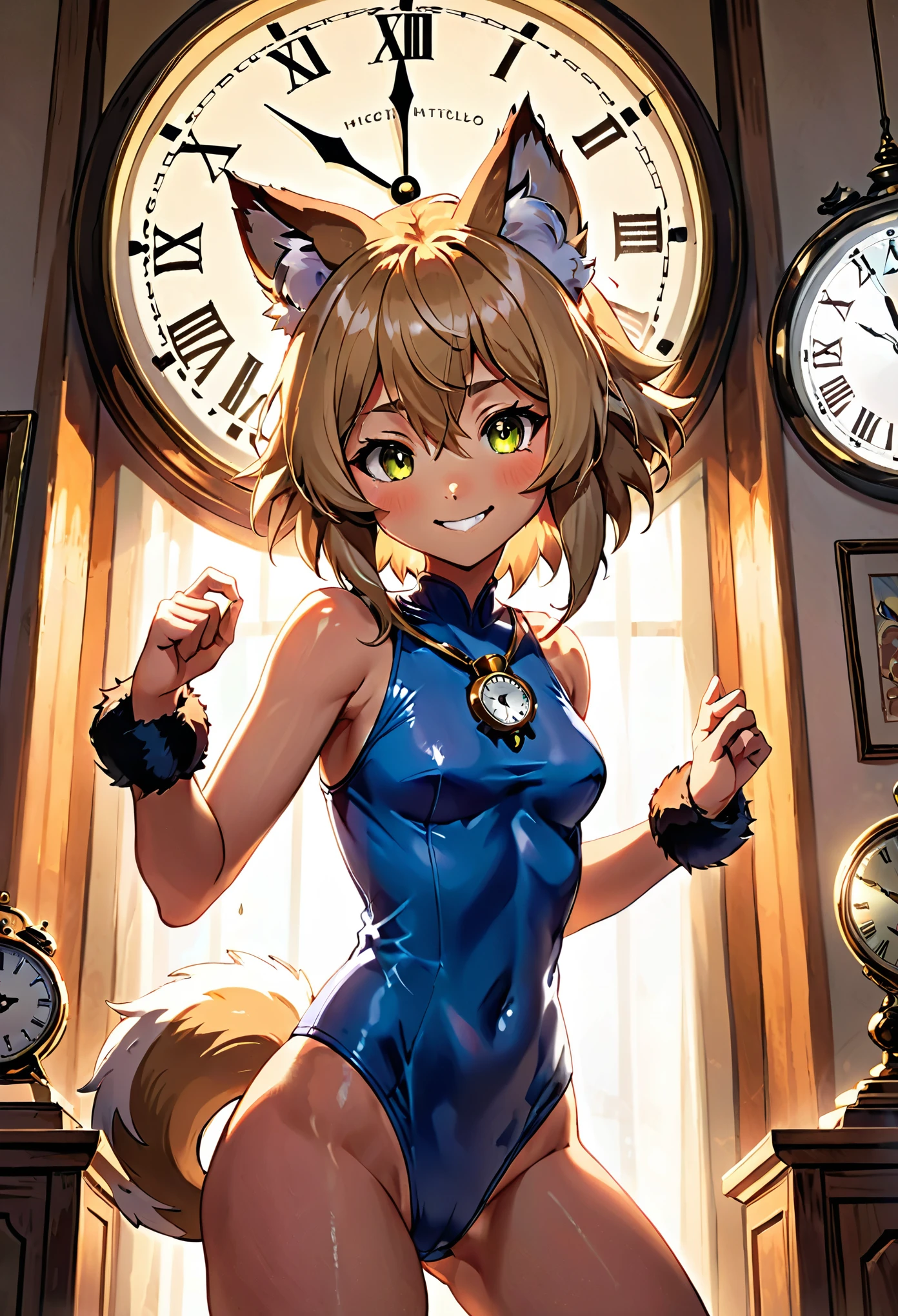 cover page, highres, top quality, best quality, paid reward available, unparalleled masterpiece, perfect artwork, absurdres, High-quality illustrations, super high resolution, detailed background, perfect anatomy(1girl, kemono, furry anthro, fearless smile, reach for the clock) in room with clock, fantasy artwork, cinematic lighting, Backlight,