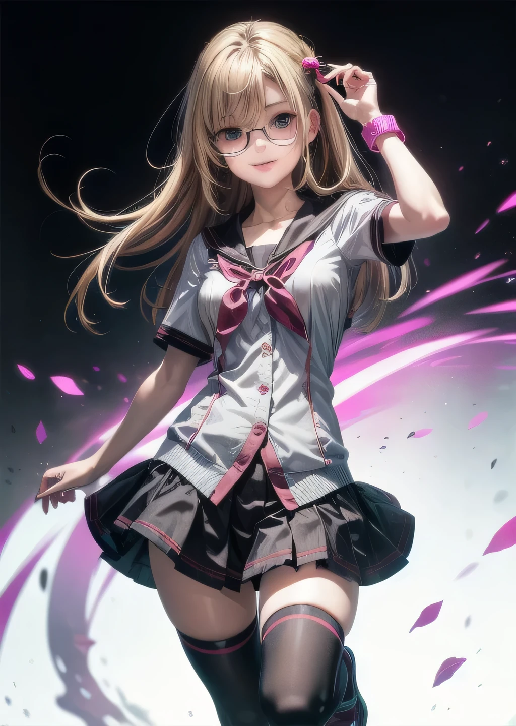 (highest quality:1.4), (High resolution:1.2), Sharp contours, Long Hair, highest quality, masterpiece,Glasses,Voice of the Heart,yandere,Full Body Shot,20-year-old woman,yandere,Big Breasts,Ecstasy,saliva,blush,Squint your eyes,Heterochromia iridis,Tuck up your clothes,zettai ryouiki