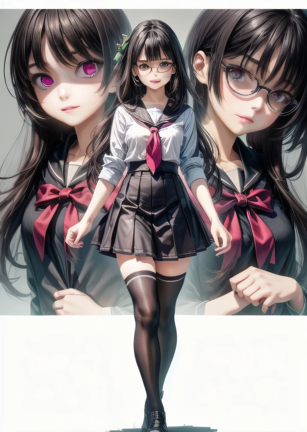 (highest quality:1.4), (High resolution:1.2), Sharp contours, Long Hair, highest quality, masterpiece,Glasses,Voice of the Heart,yandere,Full Body Shot,20-year-old woman,yandere,Big Breasts,???????,saliva,blush,Squint your eyes,Heterochromia iridis,Tuck up your clothes,zettai ryouiki