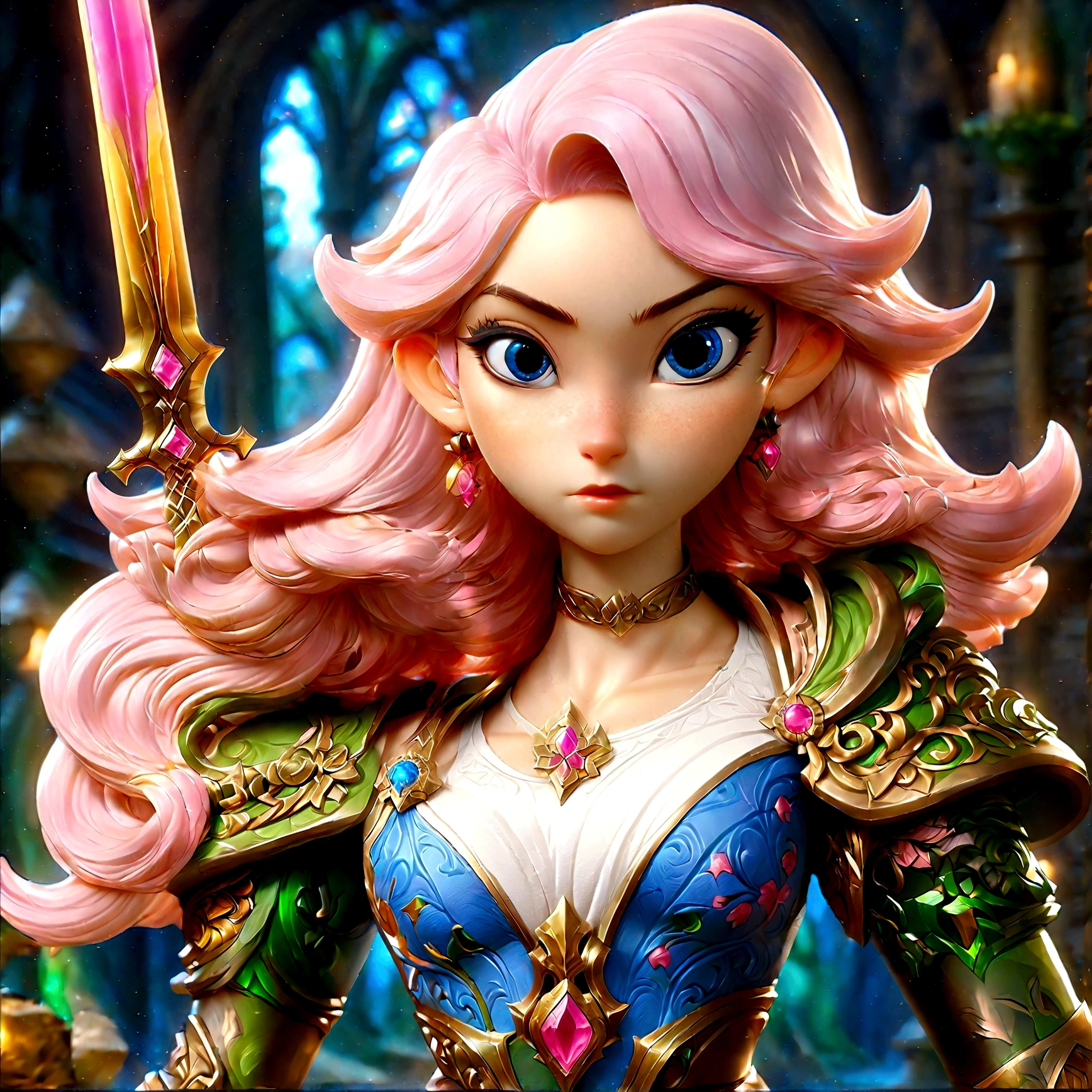 fantasy art, dnd art, RPG art, wide shot, (masterpiece: 1.4) a (portrait: 1.3) intense details, highly detailed, photorealistic, best quality, highres, portrait a female (fantasy art, Masterpiece, best quality: 1.3) ((blue skin: 1.5)), intense details facial details, exquisite beauty, (fantasy art, Masterpiece, best quality) cleric, (blue: 1.3) skinned female, ((pink hair: 1.5)), long hair, ((no ears: 1.5)), (green: 1.3) eye, fantasy art, Masterpiece, best quality) armed a fiery sword red fire, wearing heavy (white: 1.3) half plate mail armor, wearing high heeled laced boots, wearing an(orange :1.3) cloak, wearing glowing holy symbol GlowingRunes_yellow, within fantasy temple background, reflection light, high details, best quality, 16k, [ultra detailed], masterpiece, best quality, (extremely detailed), close up, ultra wide shot, photorealistic, RAW, fantasy art, dnd art, fantasy art, realistic art,((best quality)), ((masterpiece)), (detailed), perfect face, colouredglazecd_xl