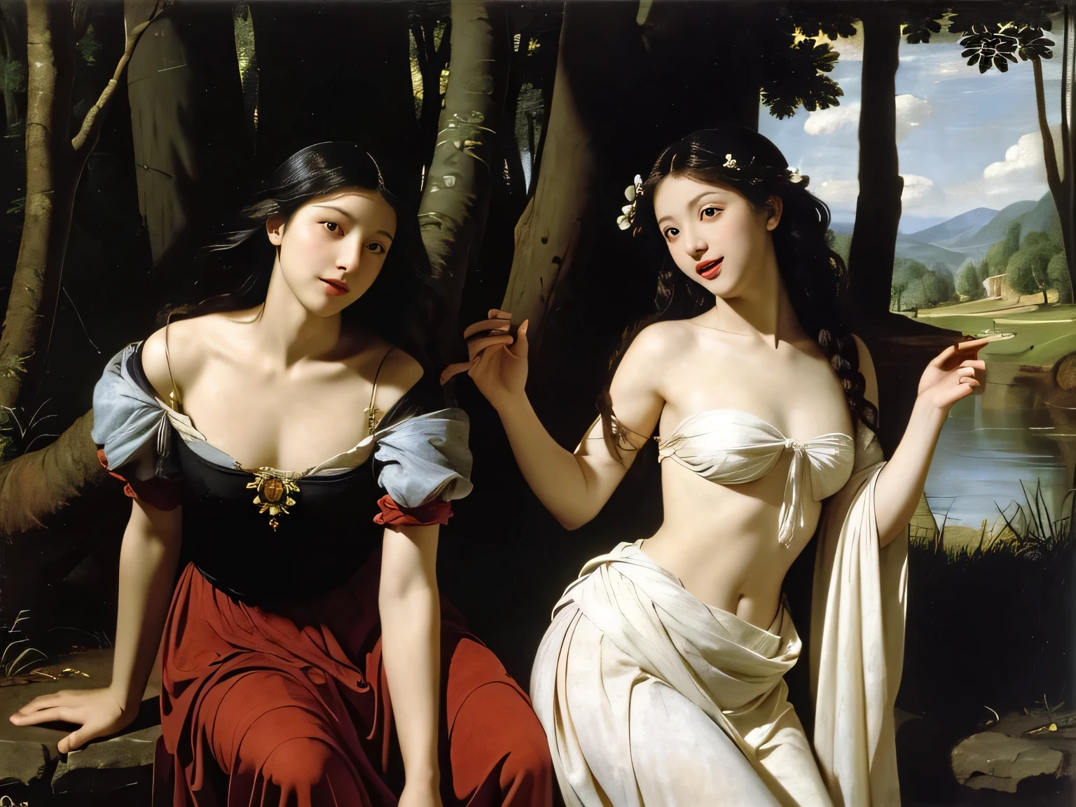 Giorgione painting style,Barbizon forest A beautiful woman in Greek dress smiles on the shore,Sweet and seductive appearance.、Caravaggio's paintings、Chiaroscuro of Caravaggio、hair tousled by the wind,Two women frolicking,cute smile, expression of ecstasy,Sexy,erotic, full body portrait