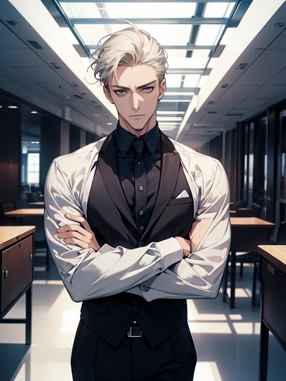 (best quality, masterpiece, 8K, photorealistic, cinematic lighting, hdr image, ultra detailed, beautiful image), 1 man, 31 years old, mature man, very handsome, (without expression, serious), short white hair, green eyes ( penetrating gaze), imposing posture, businessman, office background
