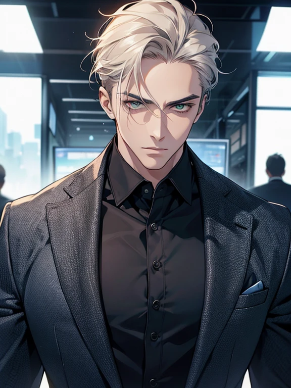 (best quality, masterpiece, 8K, photorealistic, cinematic lighting, hdr image, ultra detailed, beautiful image), 1 man, 31 years old, mature man, very handsome, (without expression, serious), short white hair, green eyes ( penetrating gaze), imposing posture, businessman, office background