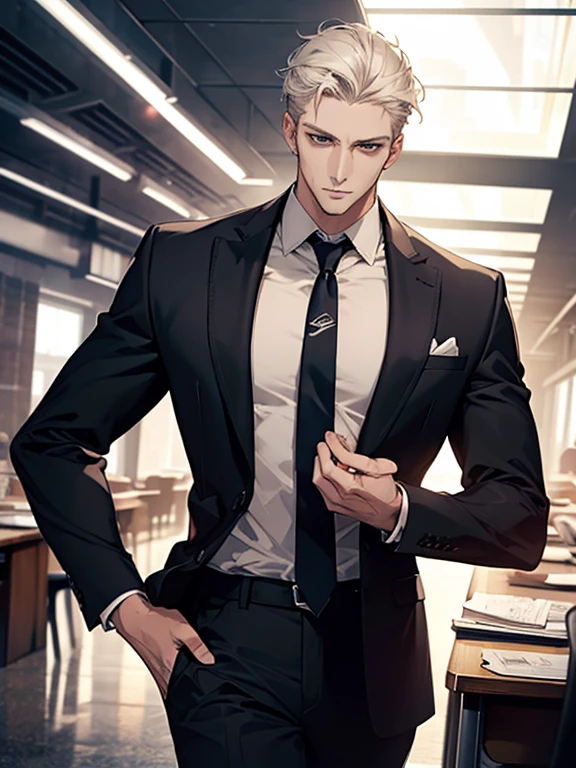 (best quality, masterpiece, 8K, photorealistic, cinematic lighting, hdr image, ultra detailed, beautiful image), 1 man, 31 years old, mature man, very handsome, (without expression, serious), short white hair, green eyes ( penetrating gaze), imposing posture, businessman, office background