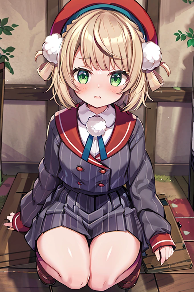 masterpiece, best quality, 1  girl, solo, blush with embarrassment, SHIGUREUI-DEFAULT, SHIGURE UI \(VTUBER\), GREEN EYES, BLONDE HAIR, SHORT HAIR, HAIR RINGS, POM POM HAIR ORNAMENT, BERET, STRIPED JACKET, RED SAILOR COLLAR, POM POM (CLOTHES), STRIPED SKIRT, RED SOCKS, BLACK LOAFERS, squat