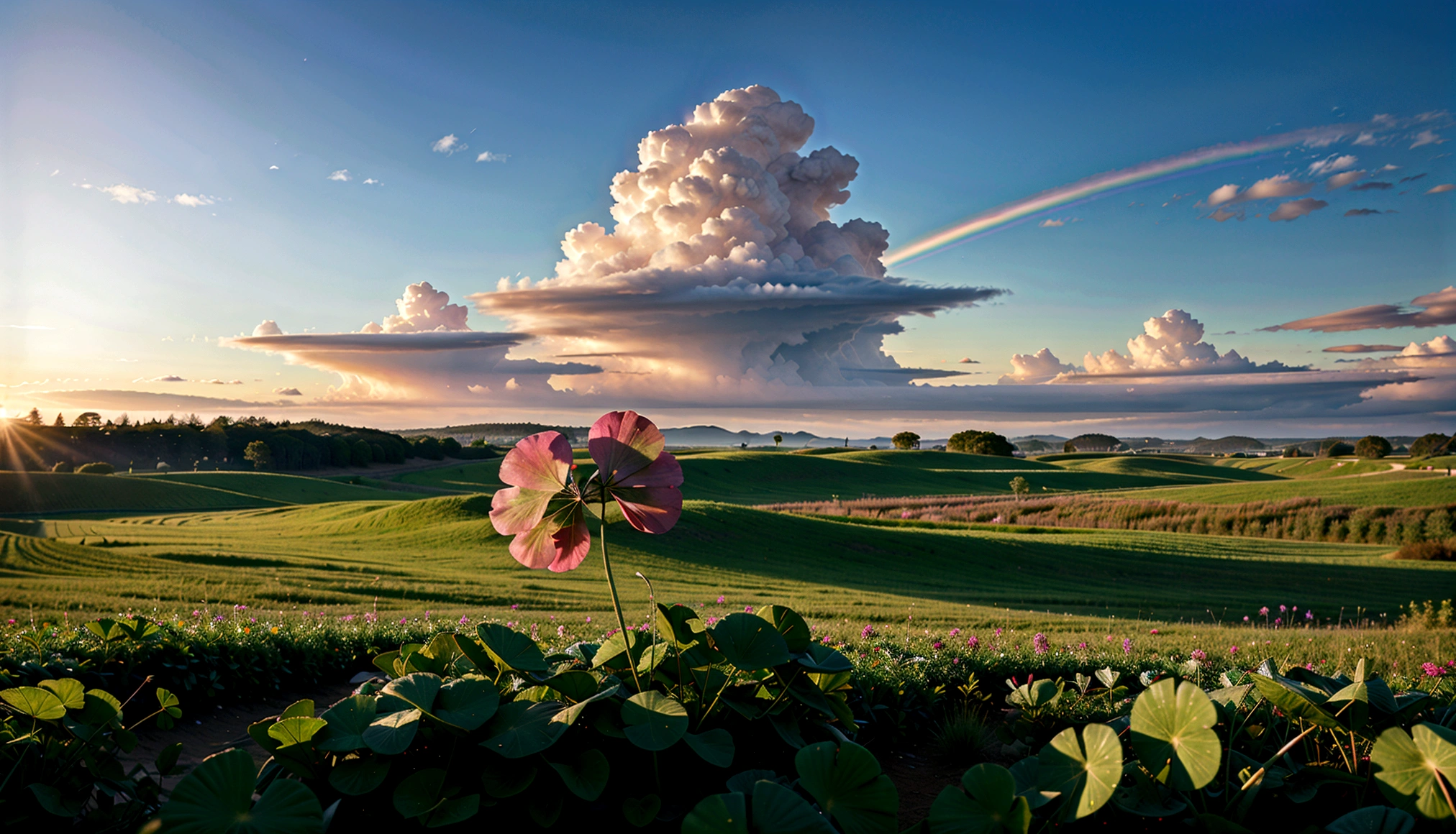 a beautiful 4 leaf clover in a lush green field, pastel rainbow sky, windy morning, dew drops, wide angle lens, highly detailed, 8k, award winning, intricate, photorealistic, studio lighting, vibrant colors, cinematic composition, serene, magical, natural light