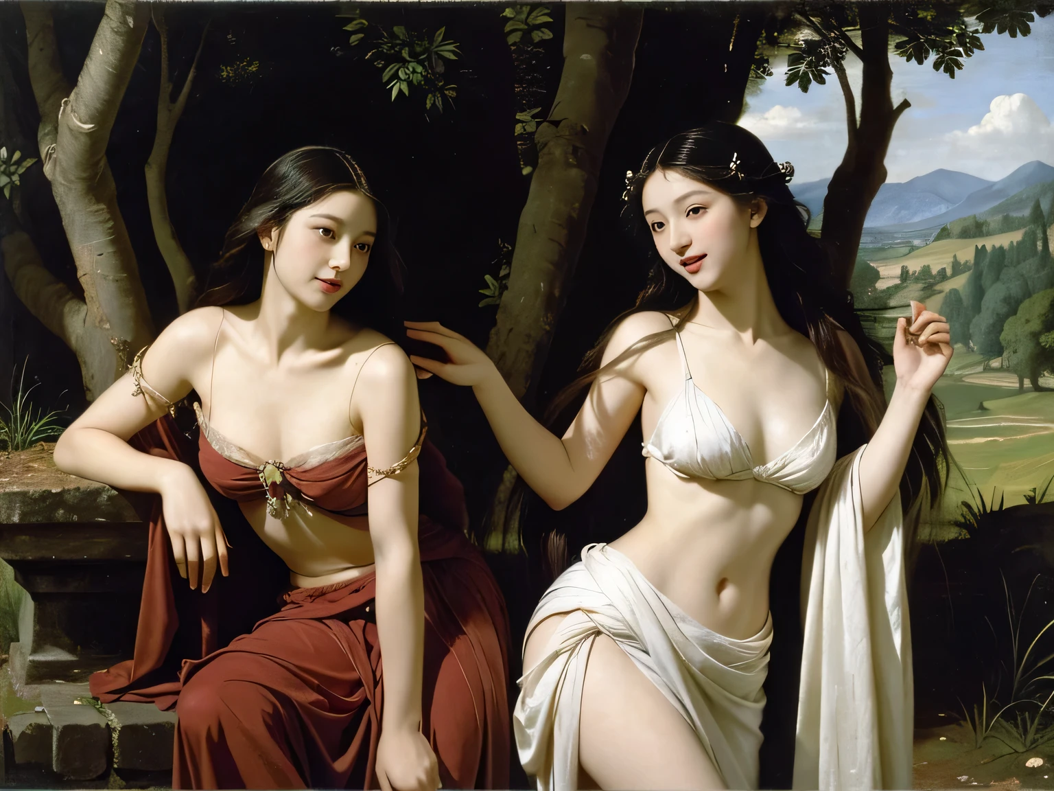 Giorgione painting style,Barbizon forest A beautiful woman in Greek dress smiles on the shore,Sweet and seductive appearance.、Caravaggio's paintings、Chiaroscuro of Caravaggio、hair tousled by the wind,Two women frolicking,cute smile, expression of ecstasy,Sexy,erotic, full body portrait