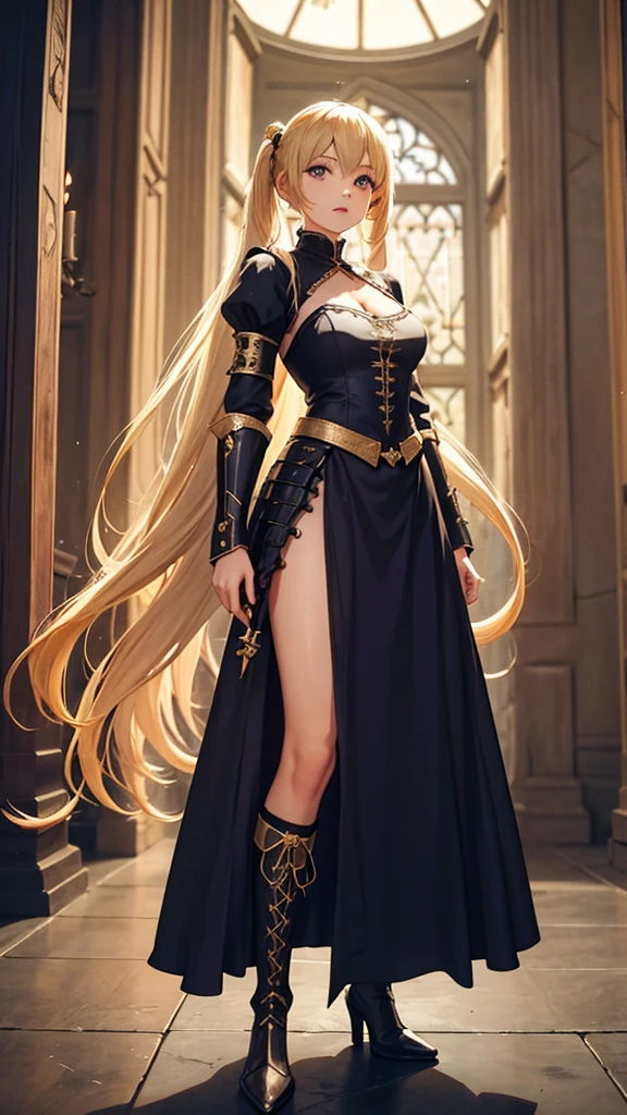 Long blond hair, Double pigtails, Miss，dress, long skirt, cleavage，Hand guard，Bare Legs，boots，Great Sword，Medieval European castles，movie lighting、best quality