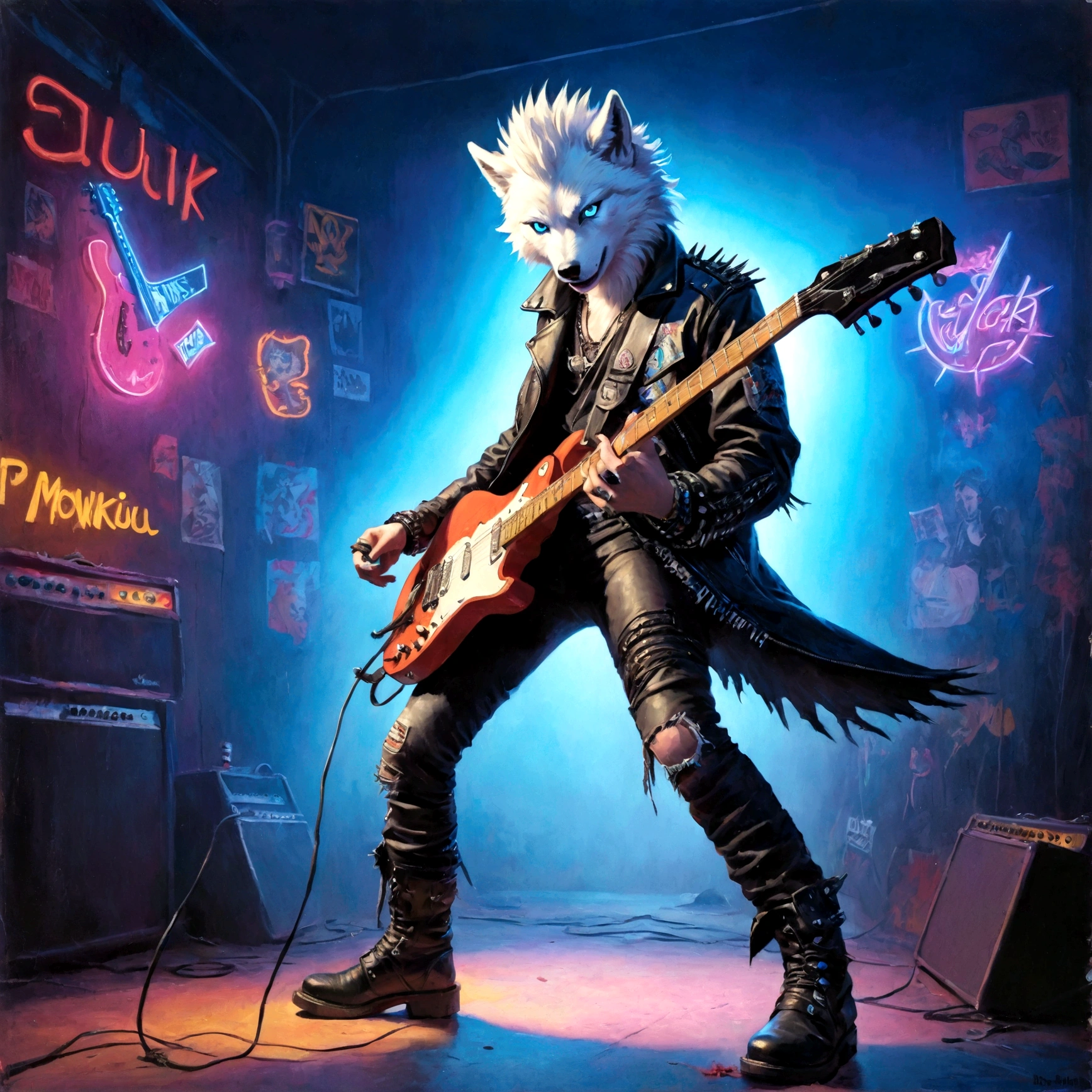 a white wolf with blue eyes wearing a punk outfit playing the lead guitar in a band, has blue mowhawk, has leather patched jacket, wearing torn boots, shredding on guitar, many multi colored neon lights