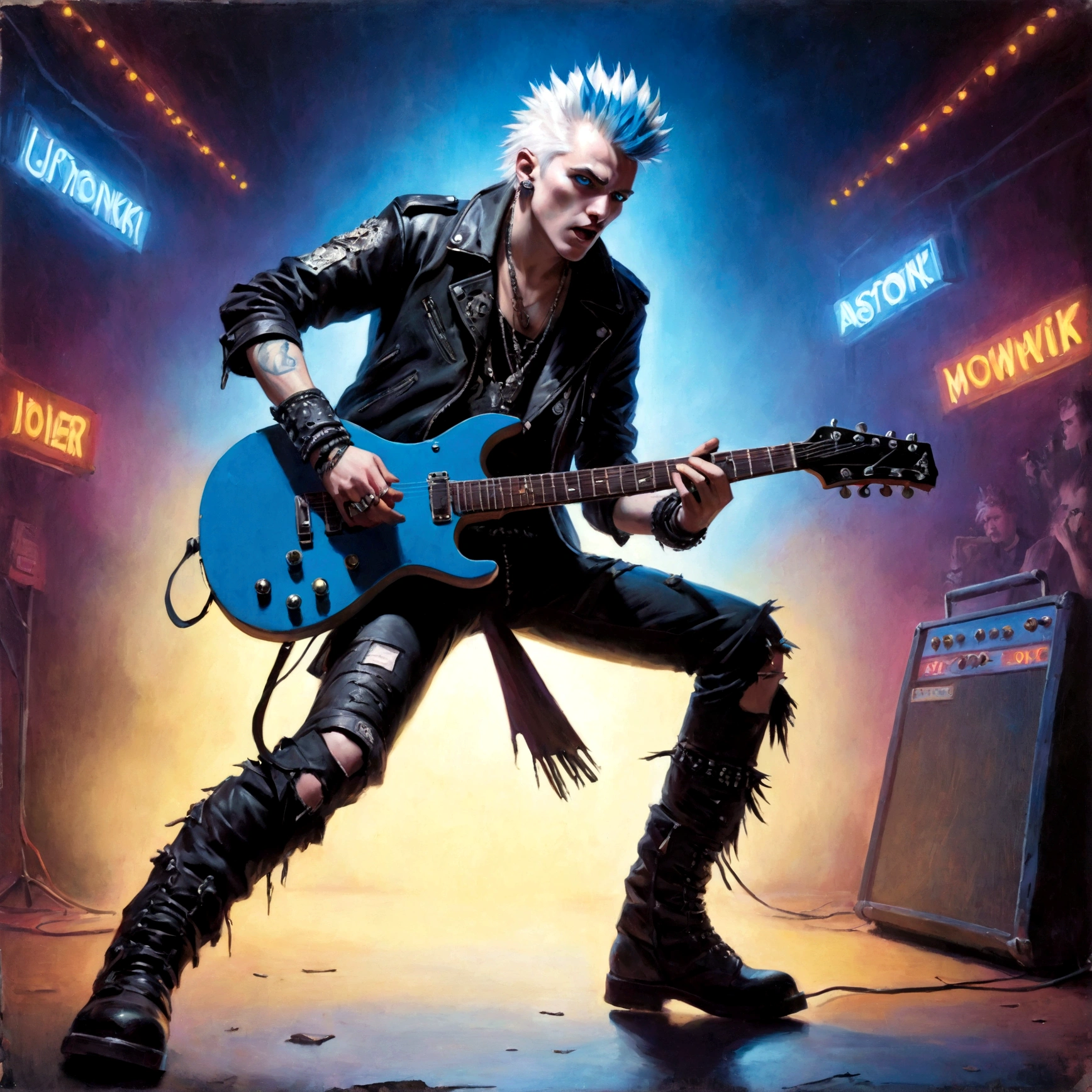 a white wolf with blue eyes wearing a punk outfit playing the lead guitar in a band, has blue mowhawk, has leather patched jacket, wearing torn boots, shredding on guitar, many multi colored neon lights