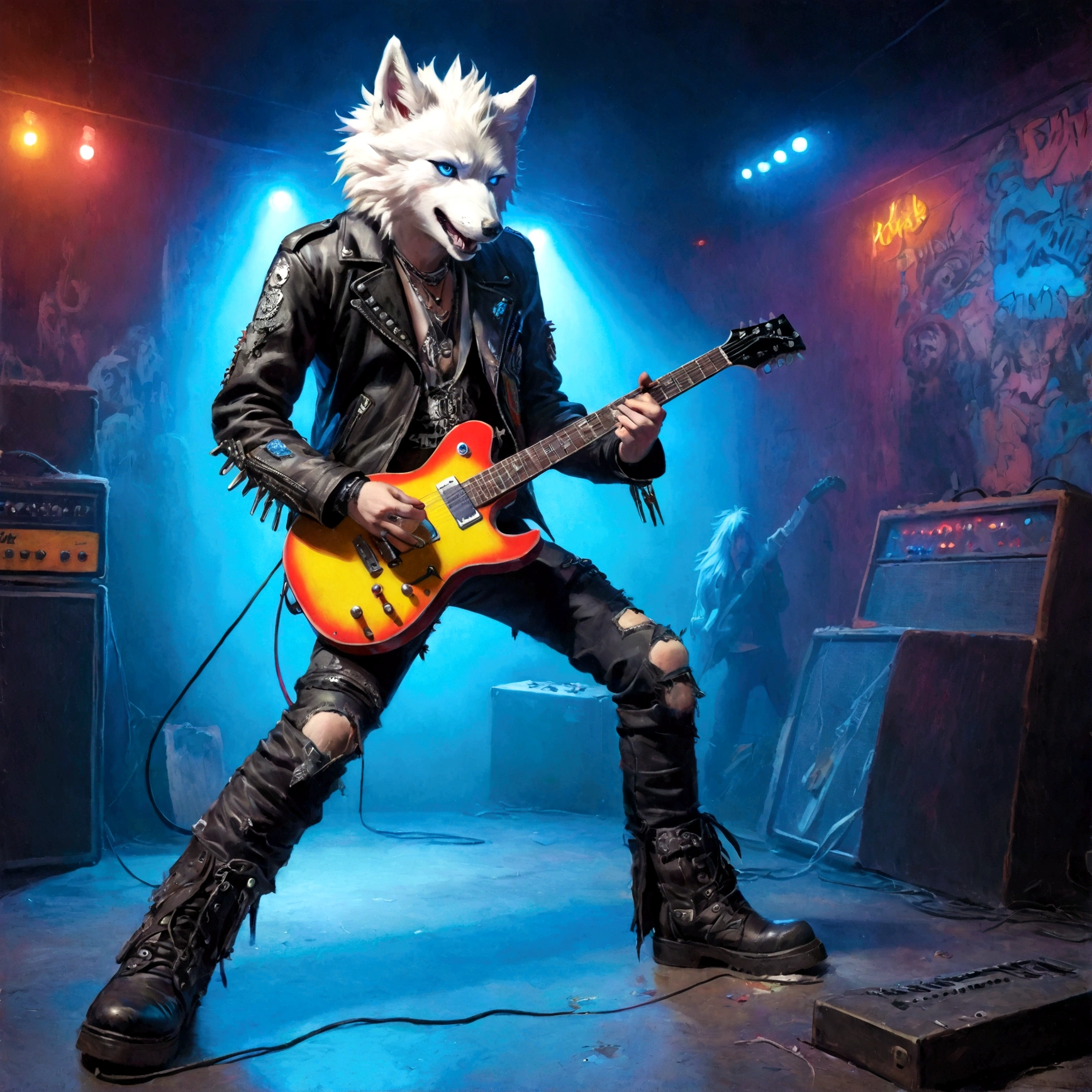 a white wolf with blue eyes wearing a punk outfit playing the lead guitar in a band, has blue mowhawk, has leather patched jacket, wearing torn boots, shredding on guitar, many multi colored neon lights